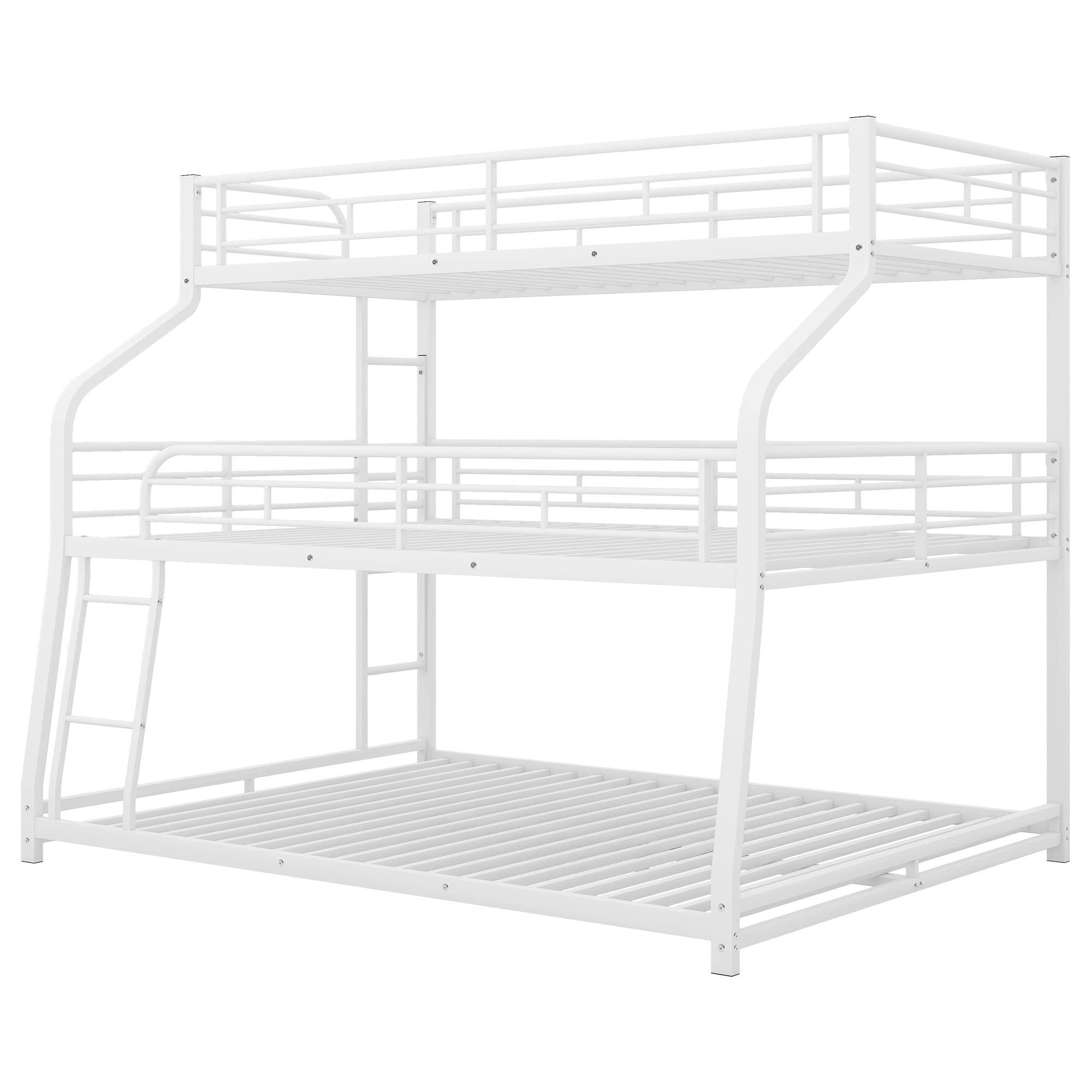 Twin XL/Full XL/Queen Size Triple Bunk Bed - Sturdy Metal Steel Bed Frame with Full-Length Safety Guardrails & Dual Ladder Options (White) | Perfect for Kids' Bedrooms, Dormitories, and Space-Saving Home Furniture