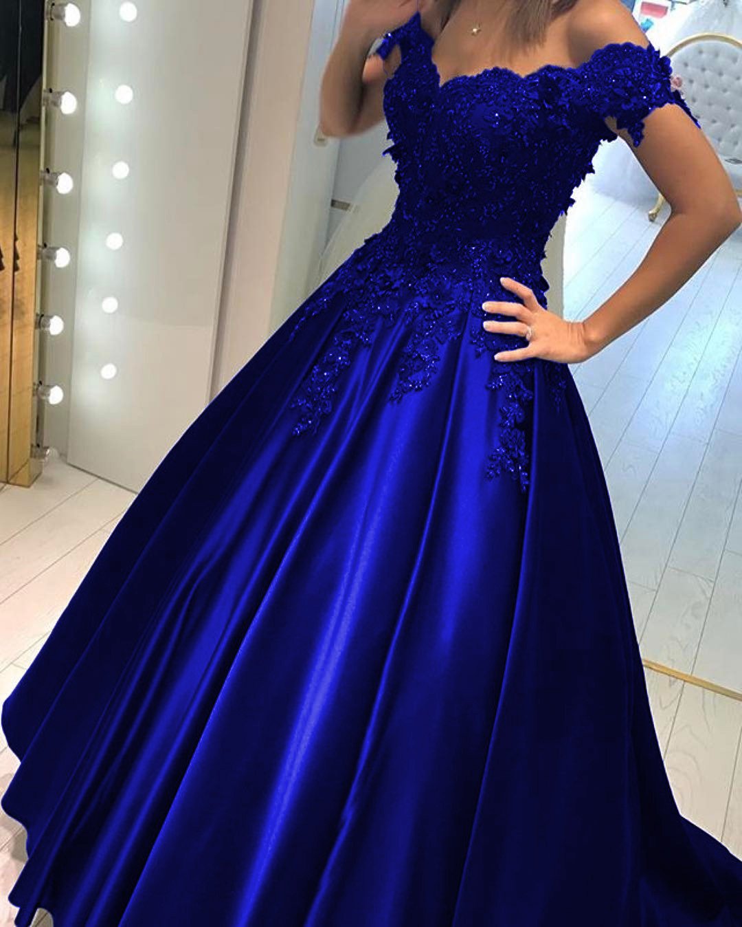 Elegant Ball Gown Satin Dress with 3D Lace Flowers - Off Shoulder Formal Gown for Prom, Wedding & Evening Events