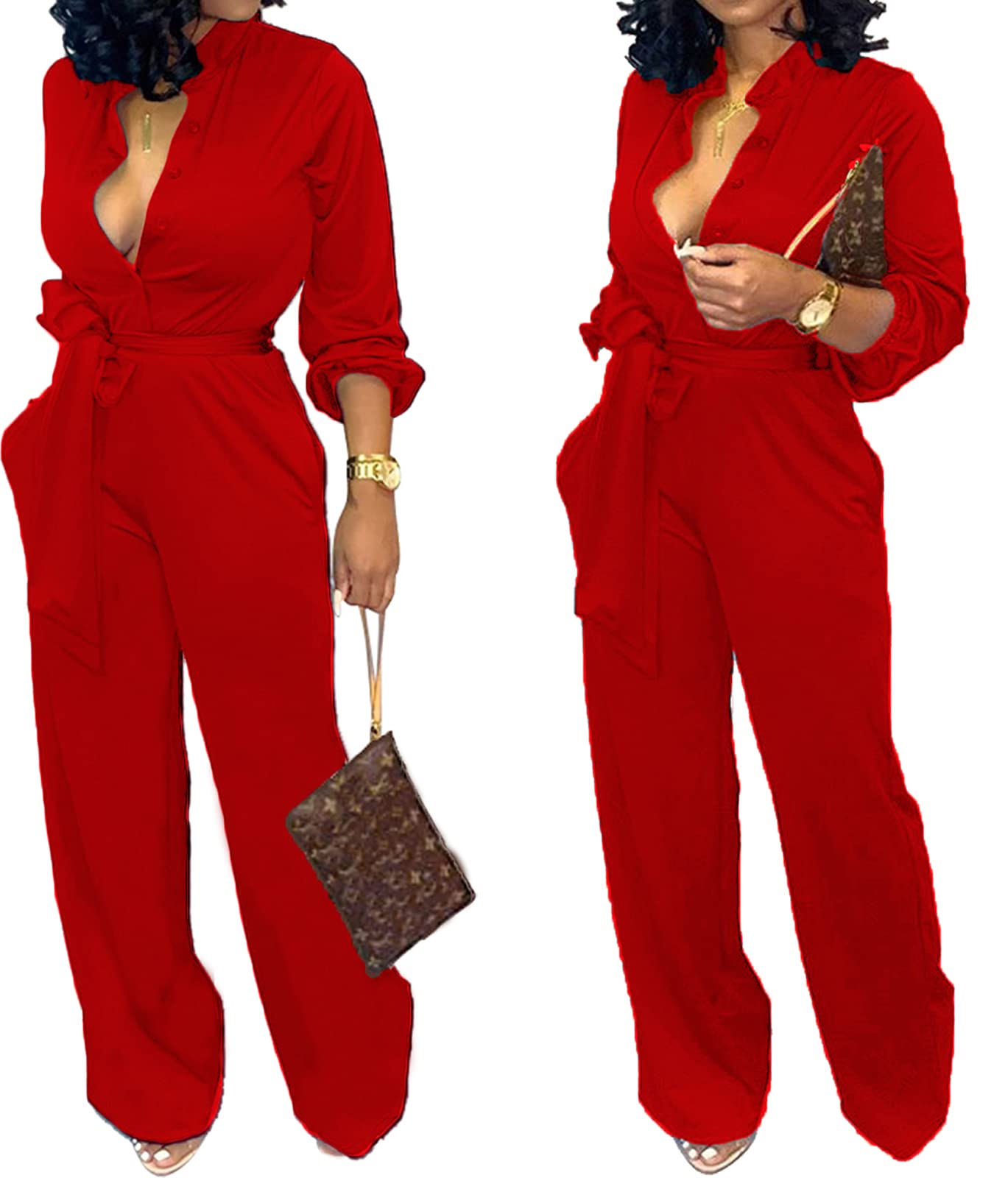 Elegant Women's Jumpsuit - Sexy V-Neck Long Sleeve Wide Leg Pantsuit with Pockets & Belt for Work | Office Wear, Business Casual, Date Night Outfits