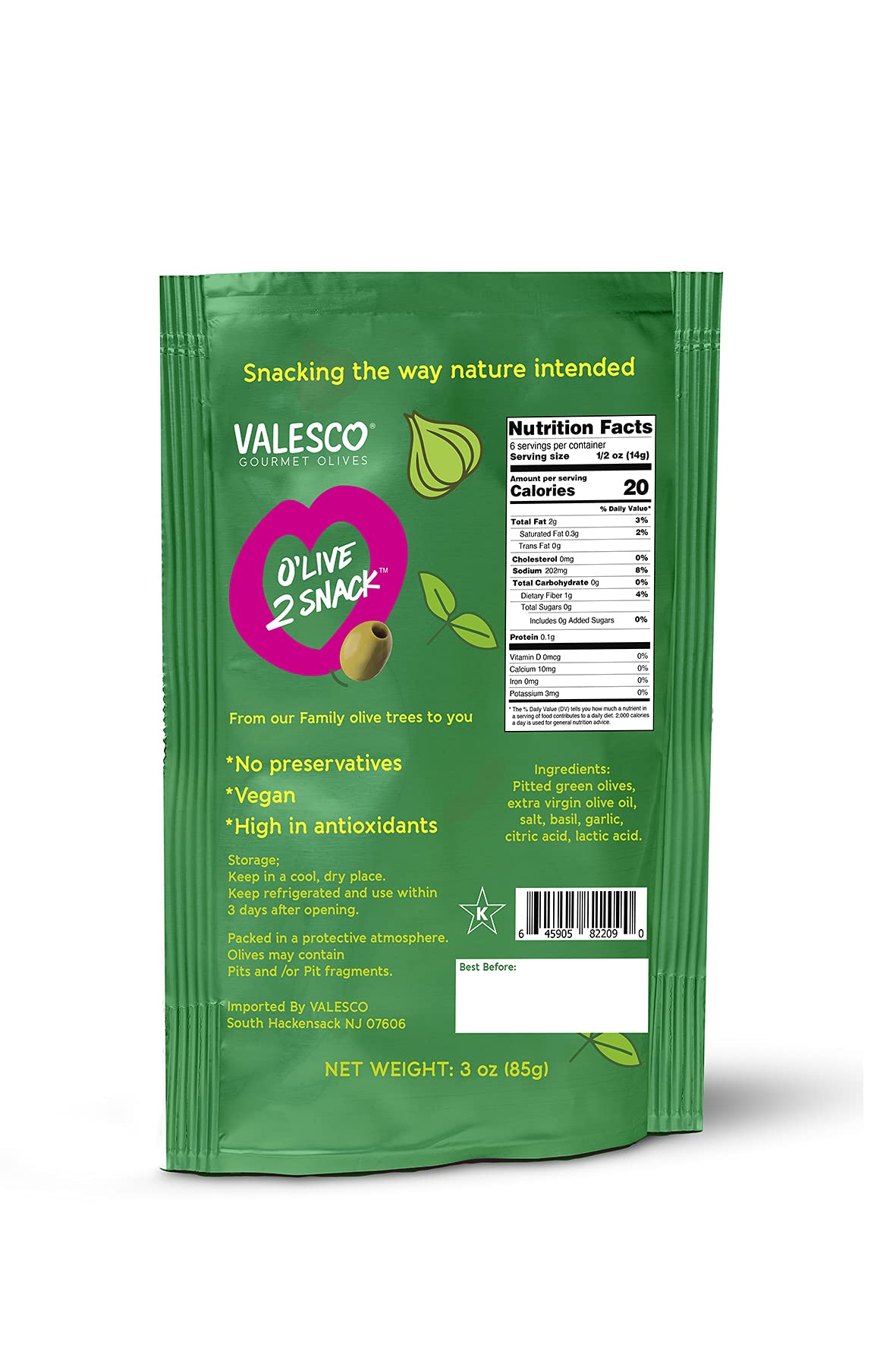 Valesco Gourmet Pitted Green Olives with Basil & Garlic - 3 oz (Pack of 4) | Mediterranean Snack, Charcuterie Board Essential, Healthy Appetizer & Salad Topping