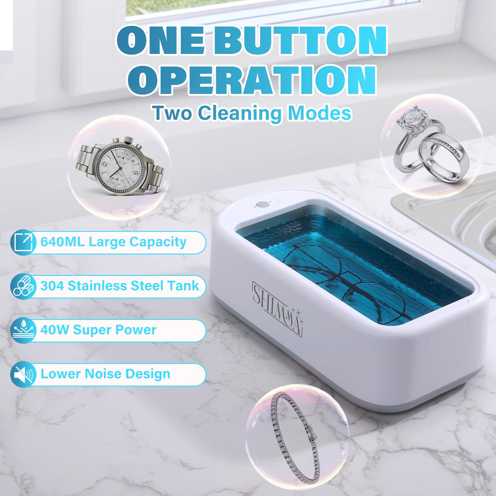 Shimma Ultrasonic Jewelry Cleaner Machine - Professional Ring Cleaner with 2 Timer Modes - Safe for Gold, Silver & Diamond Jewelry - 700ml Large Capacity & Portable Design - Perfect for Home, Travel & Jewelry Store Use