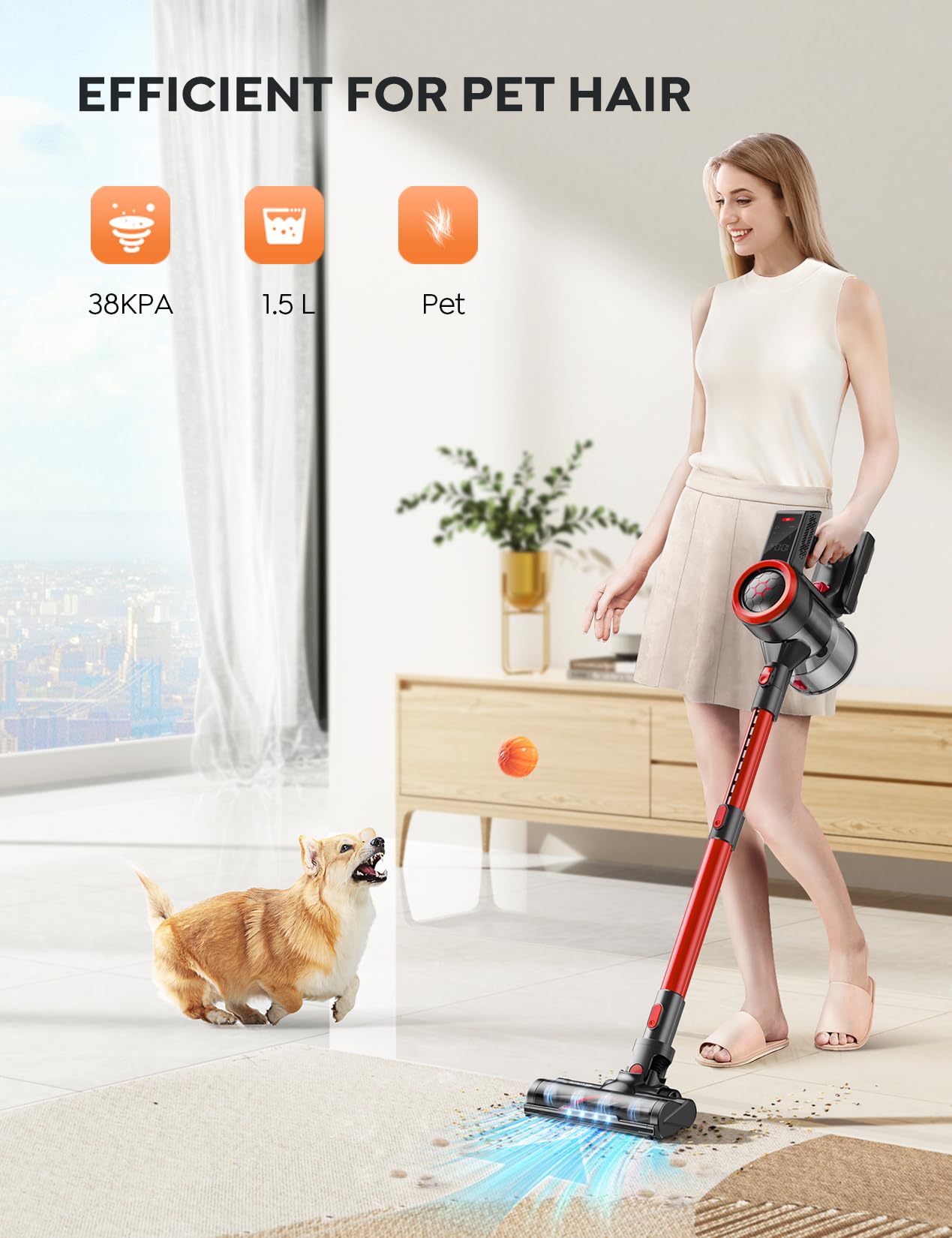 Powerful 450W/38KPA Cordless Stick Vacuum Cleaner with Smart Touch Display - 55 Min Runtime, 1.5L Dust Cup, Lightweight & Anti-Tangle - Ideal for Hardwood Floors, Carpets, Pet Hair Cleaning (Home, Office, Car Use)