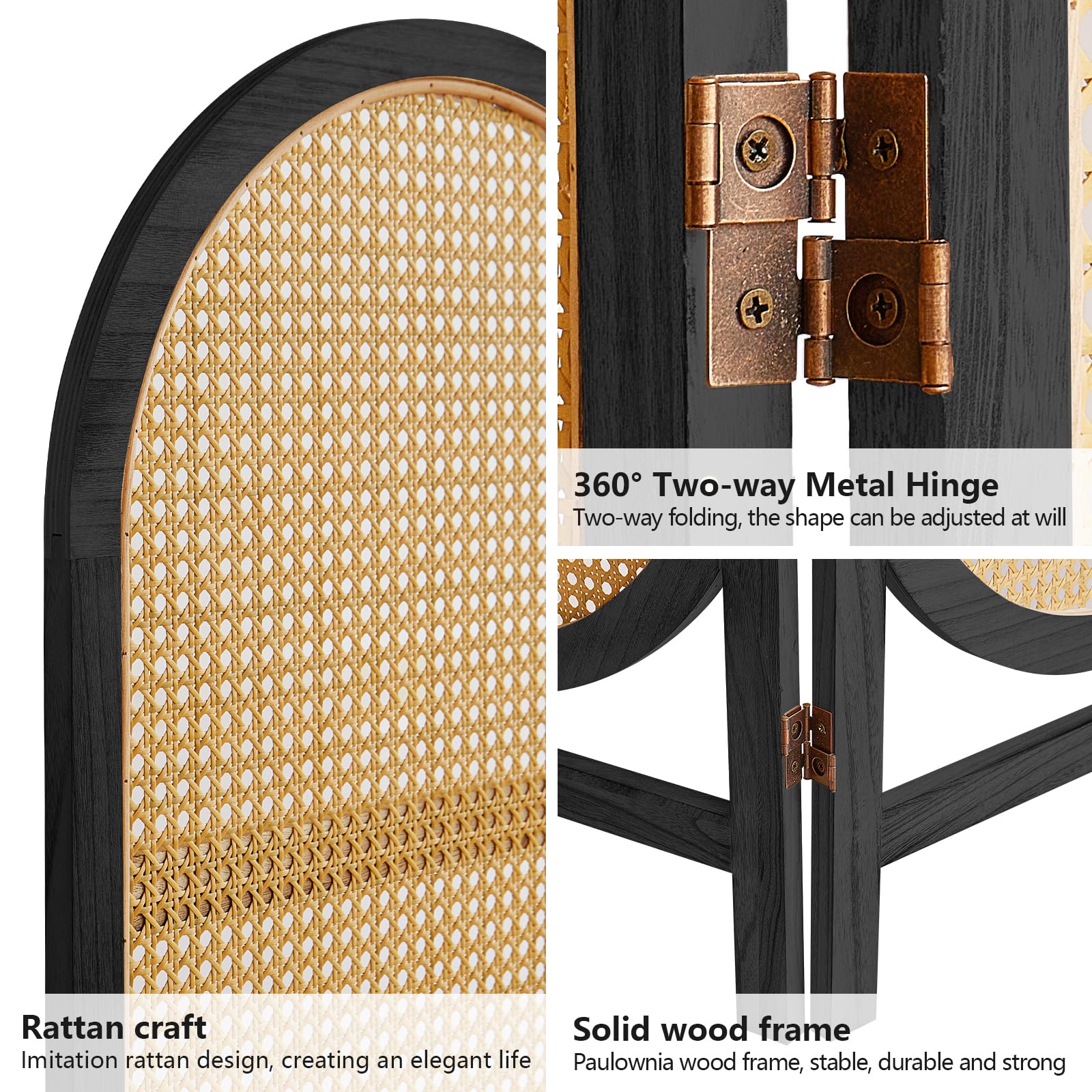 3-Panel Rattan Room Divider Screen - Foldable Privacy Partition with Unique Design | Freestanding Portable Room Separator for Home, Office & Events | Black