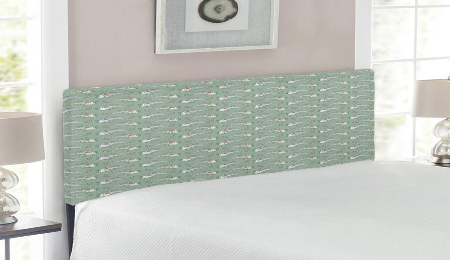Lunarable Sage Green Oriental Headboard with Koi Carp Fish Design for Luck - Upholstered Decorative Metal Bed Headboard with Memory Foam, Queen Size - Perfect for Bedroom Decor, Feng Shui Home Design & Asian-Inspired Interior Styling