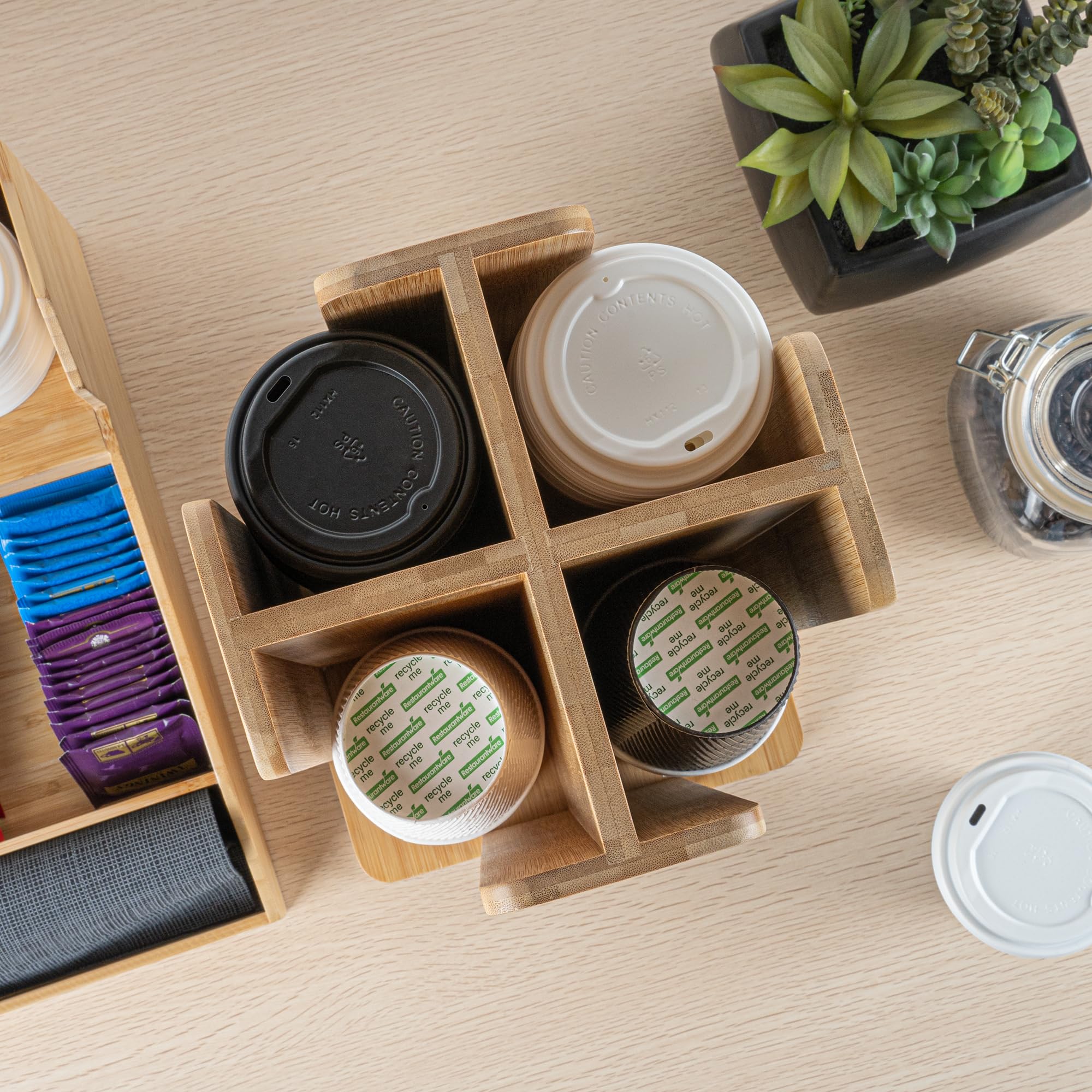 Restaurantware Restpresso 9 x 18 Inch Coffee Cup and Lid Organizer - 4-Section Revolving Bamboo Cup Holder for Restaurants, Homes & Offices | Space-Saving Countertop Solution for Coffee Shops, Break Rooms & Cafés