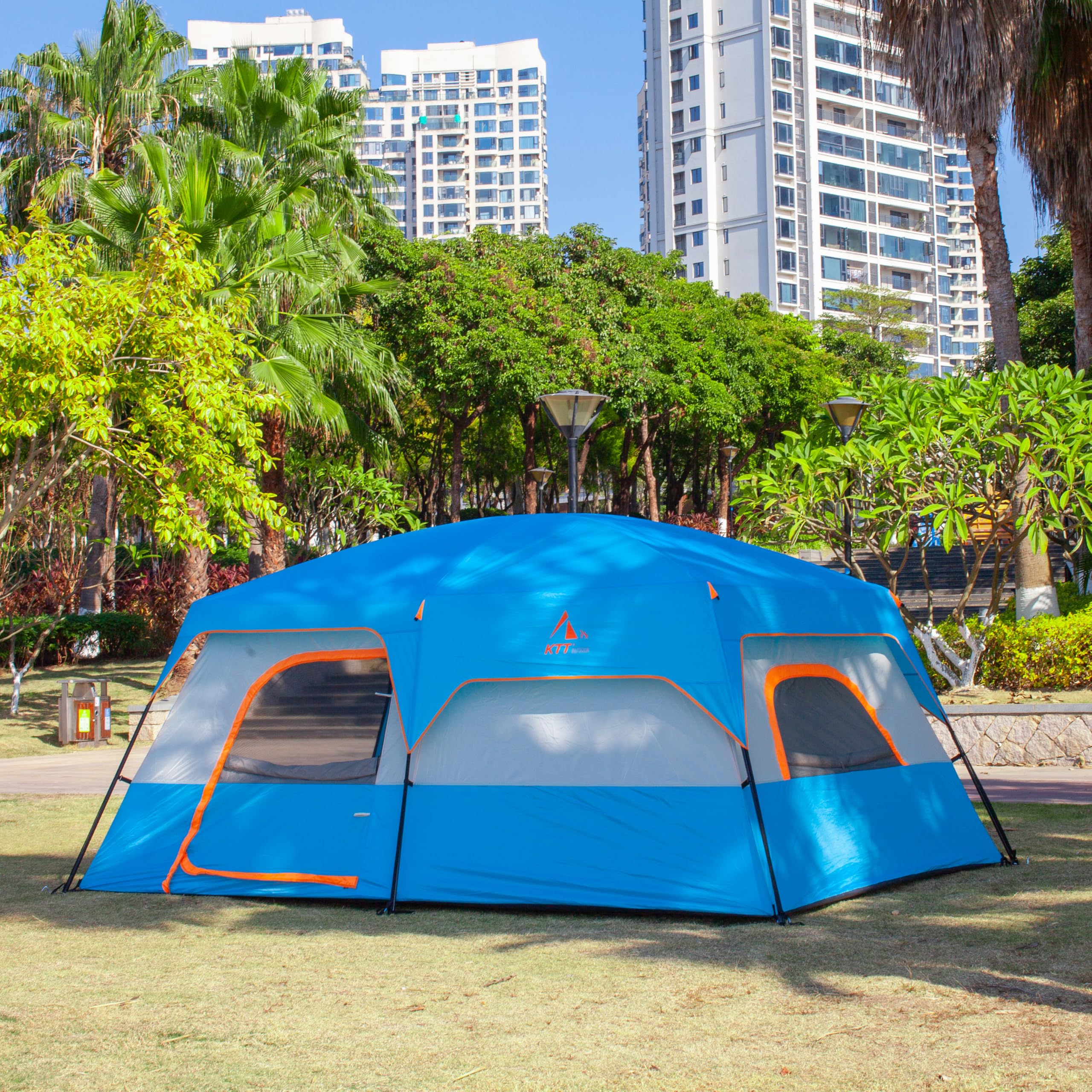 KTT Extra Large Family Cabin Tent for 10-12-14 People (Style B) - 2 Rooms, 3 Doors & 3 Windows with Mesh, Waterproof Double Layer Straight Wall Design - Perfect for Camping, Picnics, Outdoor Adventures & Family Gatherings