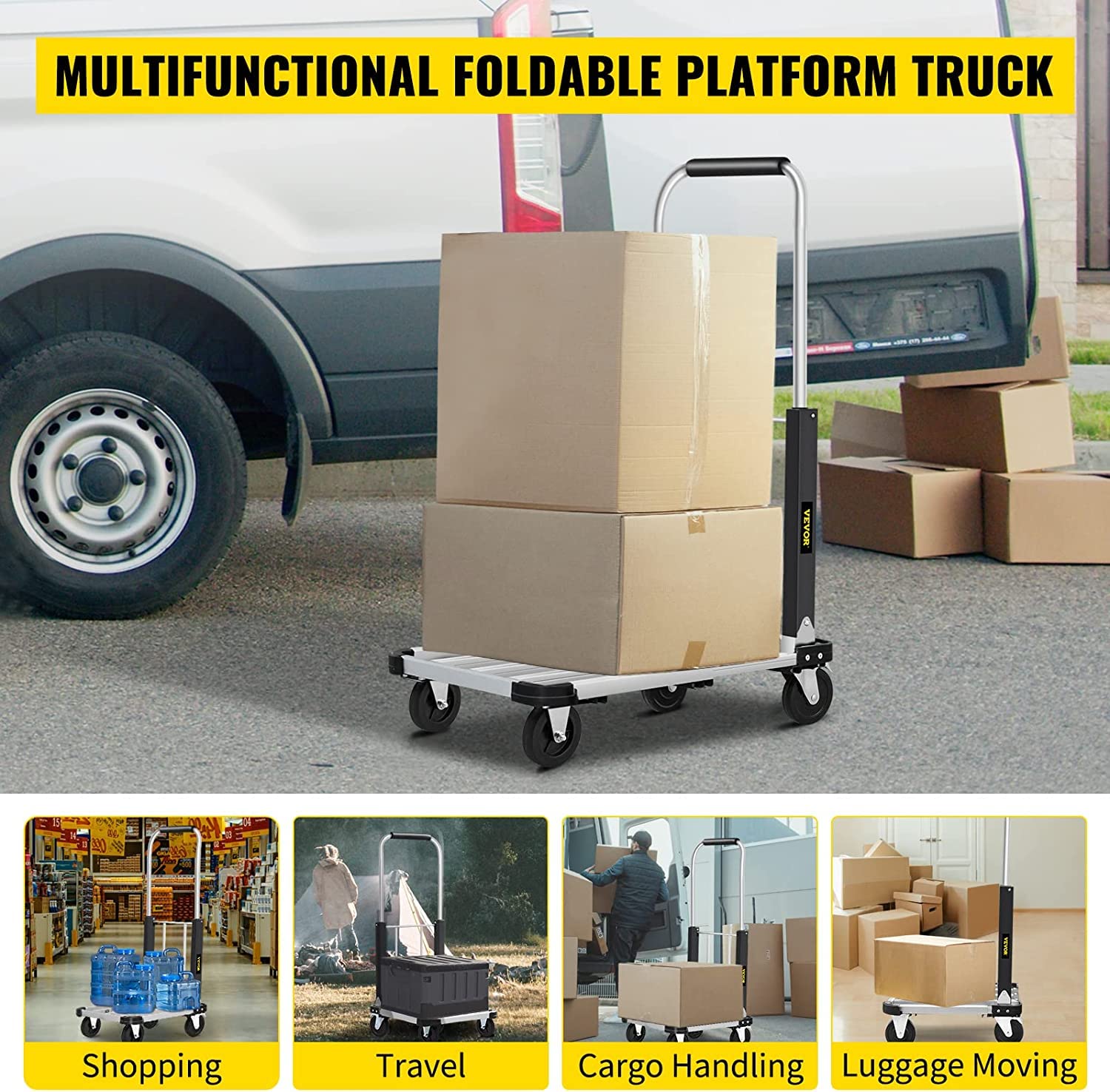 VEVOR Folding Platform Truck - Heavy Duty Aluminum Utility Cart with Telescoping Handle & 4 Wheels, 330LBS Capacity - Portable Adjustable Length Push Cart for Luggage, Travel, Shopping, Warehouse, Office & Home Use