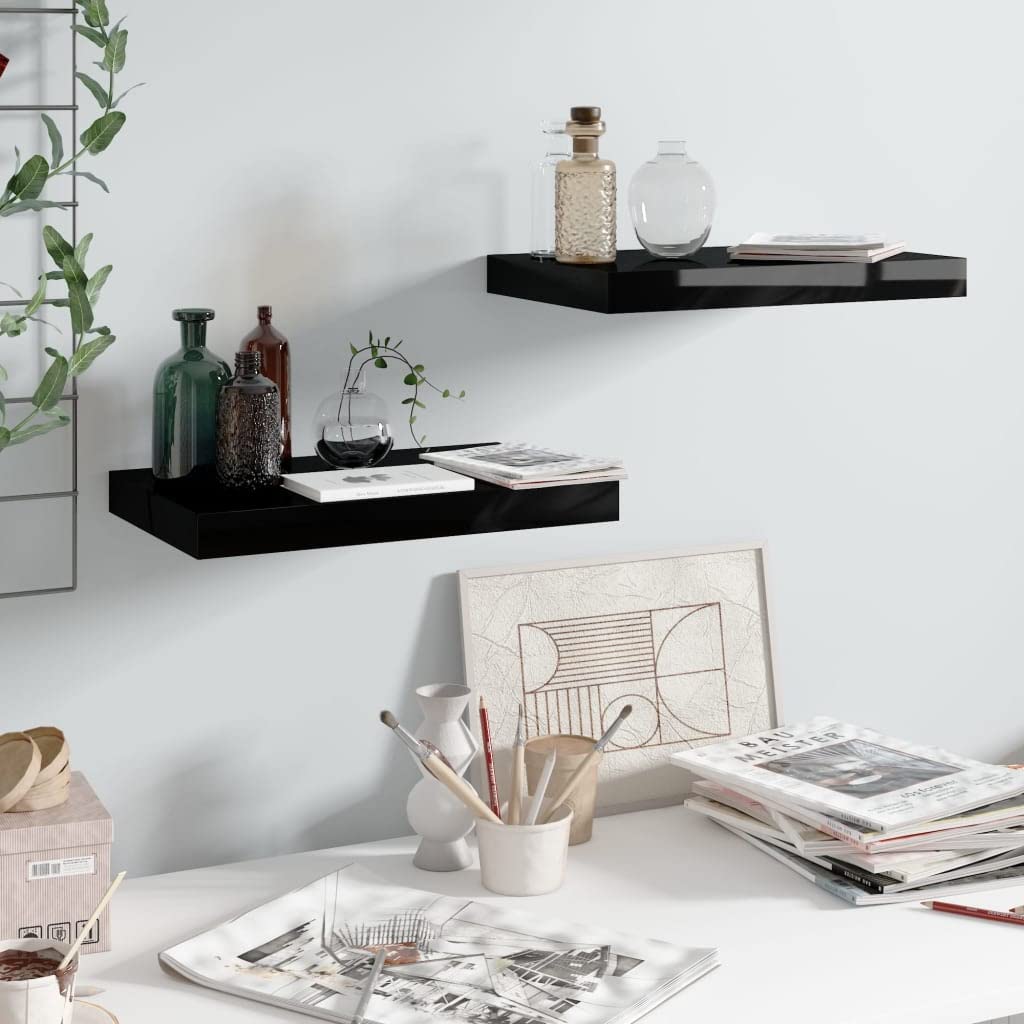 CHARMMA Floating Wall Shelves Set of 2 - High Gloss Black MDF Shelves 15.7