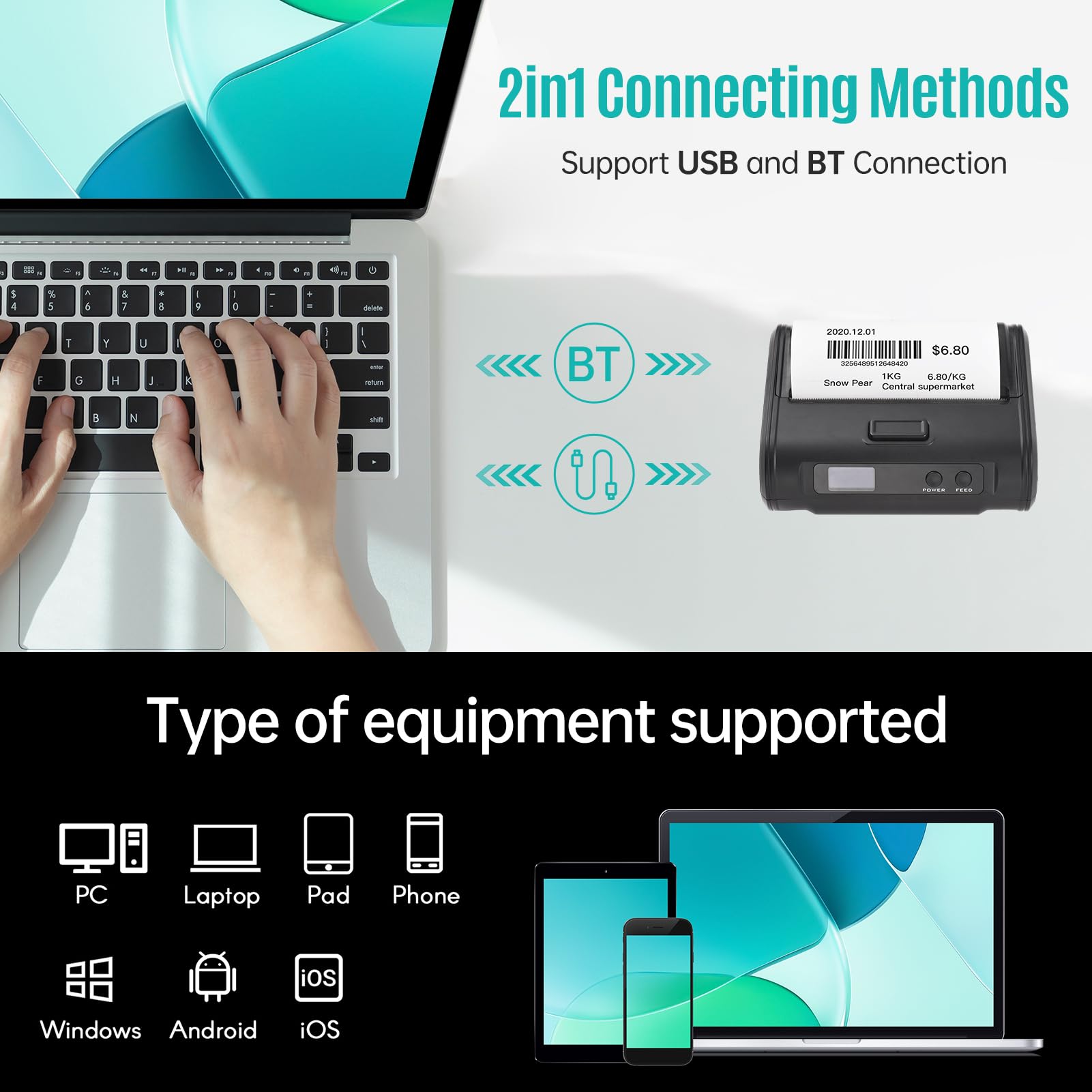 MP110 Wireless Thermal Receipt Printer - 4-inch 110mm Portable Bluetooth/USB Printer for Small Business, Market & Retail Stores | Supports Continuous/Perforated/Gap Paper | 203dpi High Resolution | Perfect for POS, Mobile Payments & On-the-Go Receipt Printing