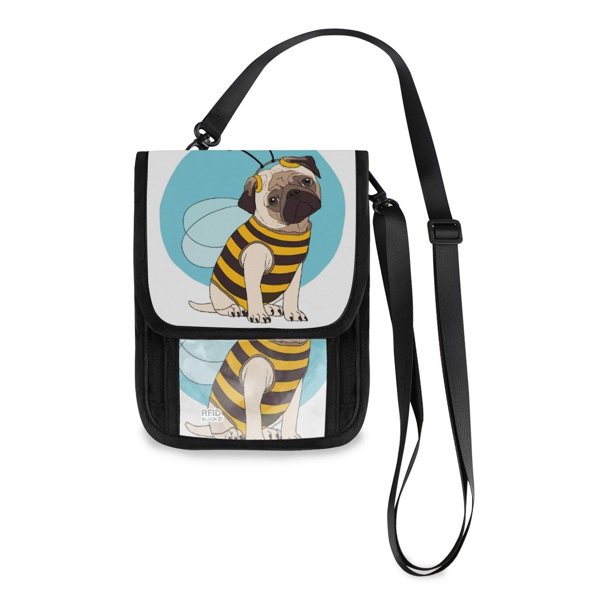 RFID Blocking Travel Neck Wallet - Funny Pug Dog & Bee Design Passport Holder for Women & Men | Waterproof Cash & Document Pouch | Perfect for Airports, Vacations & Secure Travel