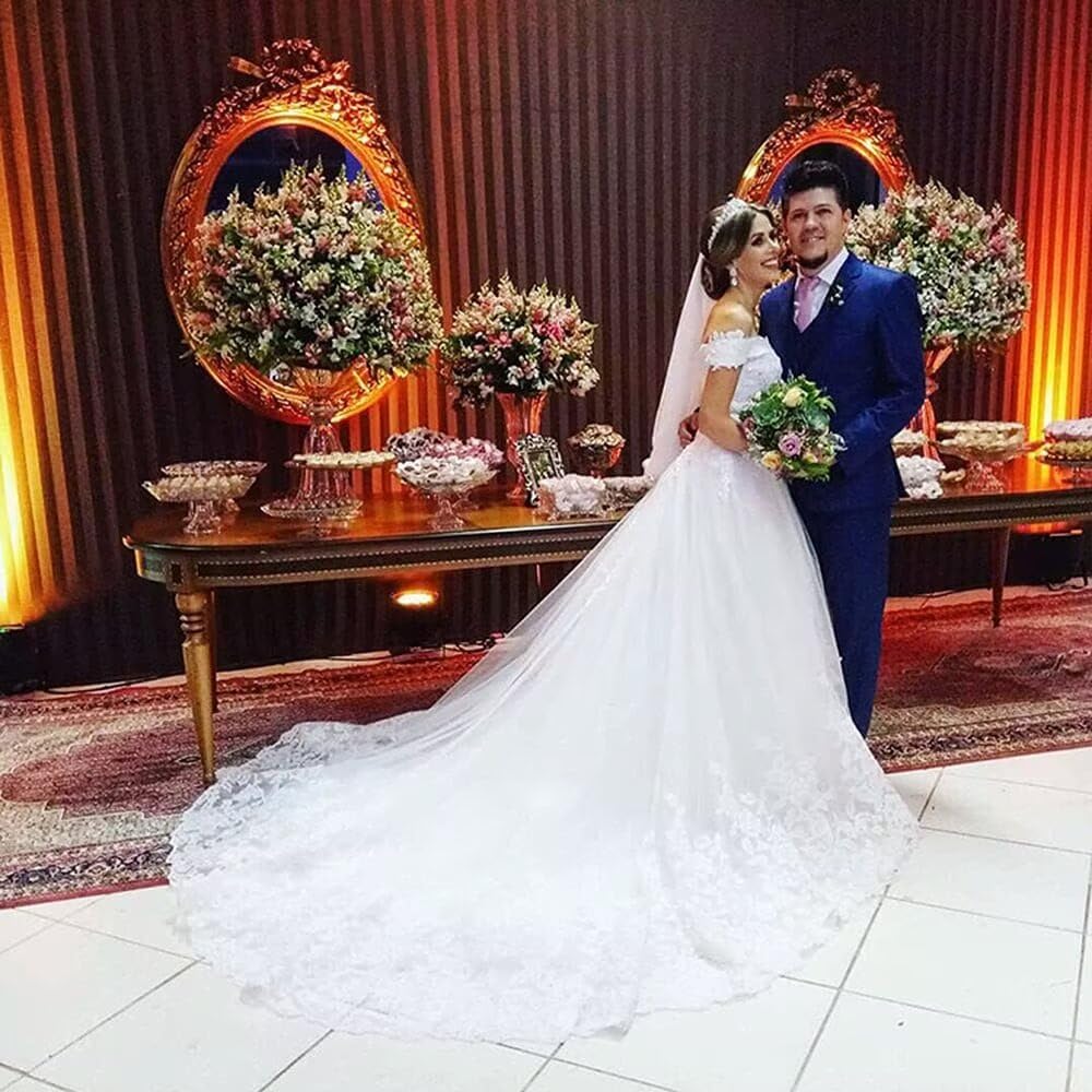 XYAYE Off Shoulder Lace Tulle Wedding Dress for Bride - Puffy Ball Gown with Long Train | Perfect for Church Ceremony, Beach Wedding & Formal Reception
