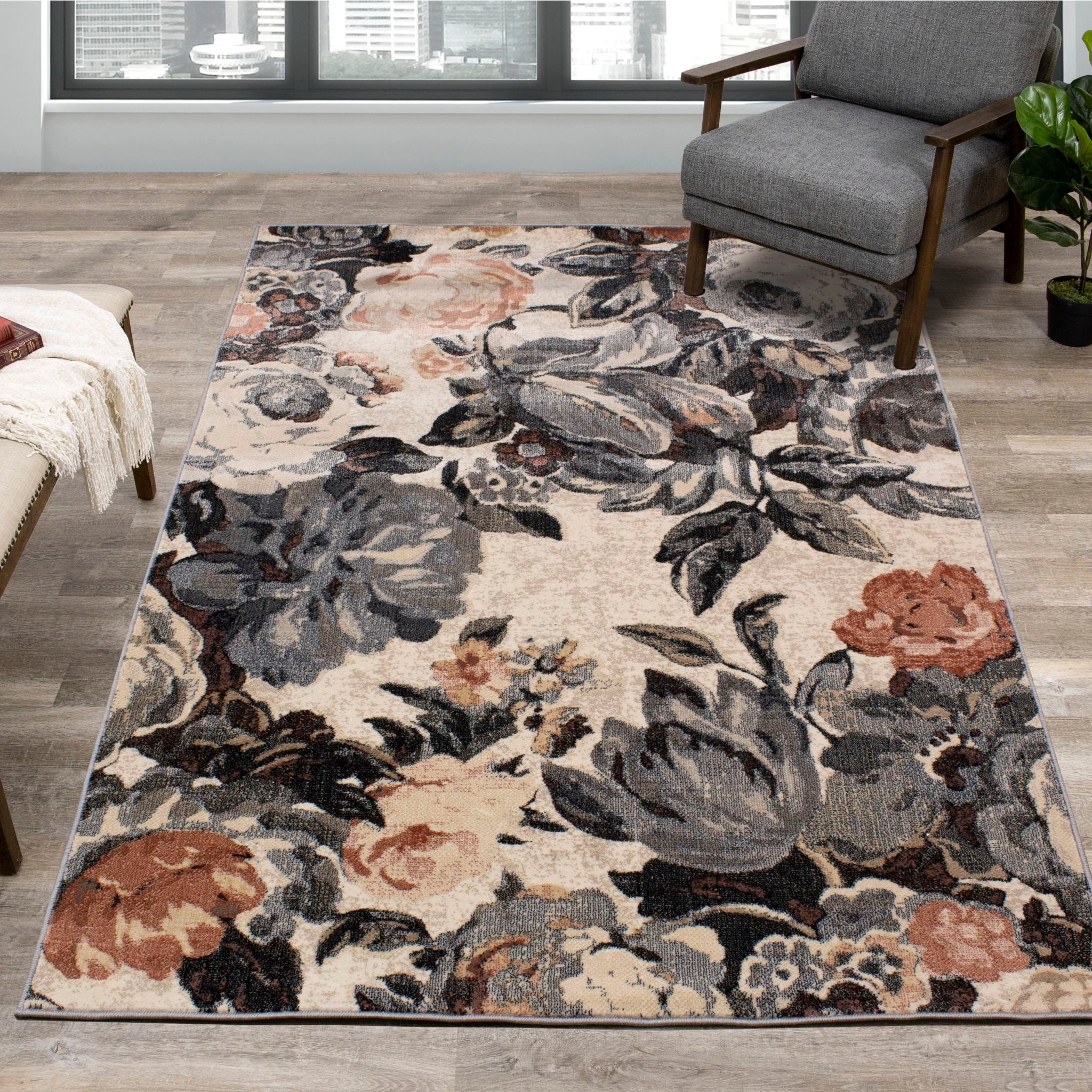Stylish Abbey Area Rug 6x9 Feet - Soft Non-Slip Living Room Rug for Home Decor, Bedroom, Office - Modern Floral Design for Cozy Spaces