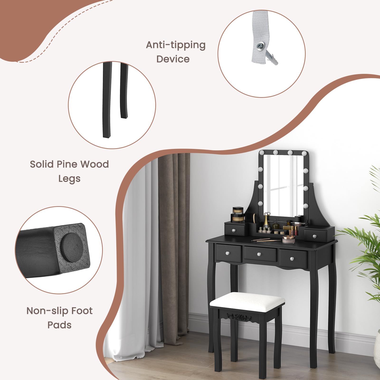 Charmaid Vanity Desk with LED Lights & Mirror - Modern Makeup Dressing Table with 5 Storage Drawers, 3-Color Lighting Modes & Adjustable Brightness - Includes Vanity Stool (Black) - Perfect for Bedroom, Dressing Room & Beauty Salon Setup