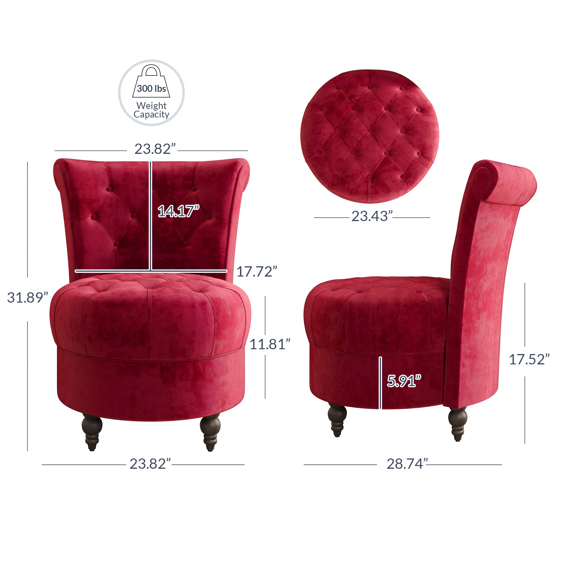 BELLEZE Throne Royal Velvet Accent Chair - Button-Tufted Upholstered Armless Low Back Chair with Thick Padding & Rubberwood Legs - Perfect for Living Room, Bedroom, or Office Decor (Red, Malik)