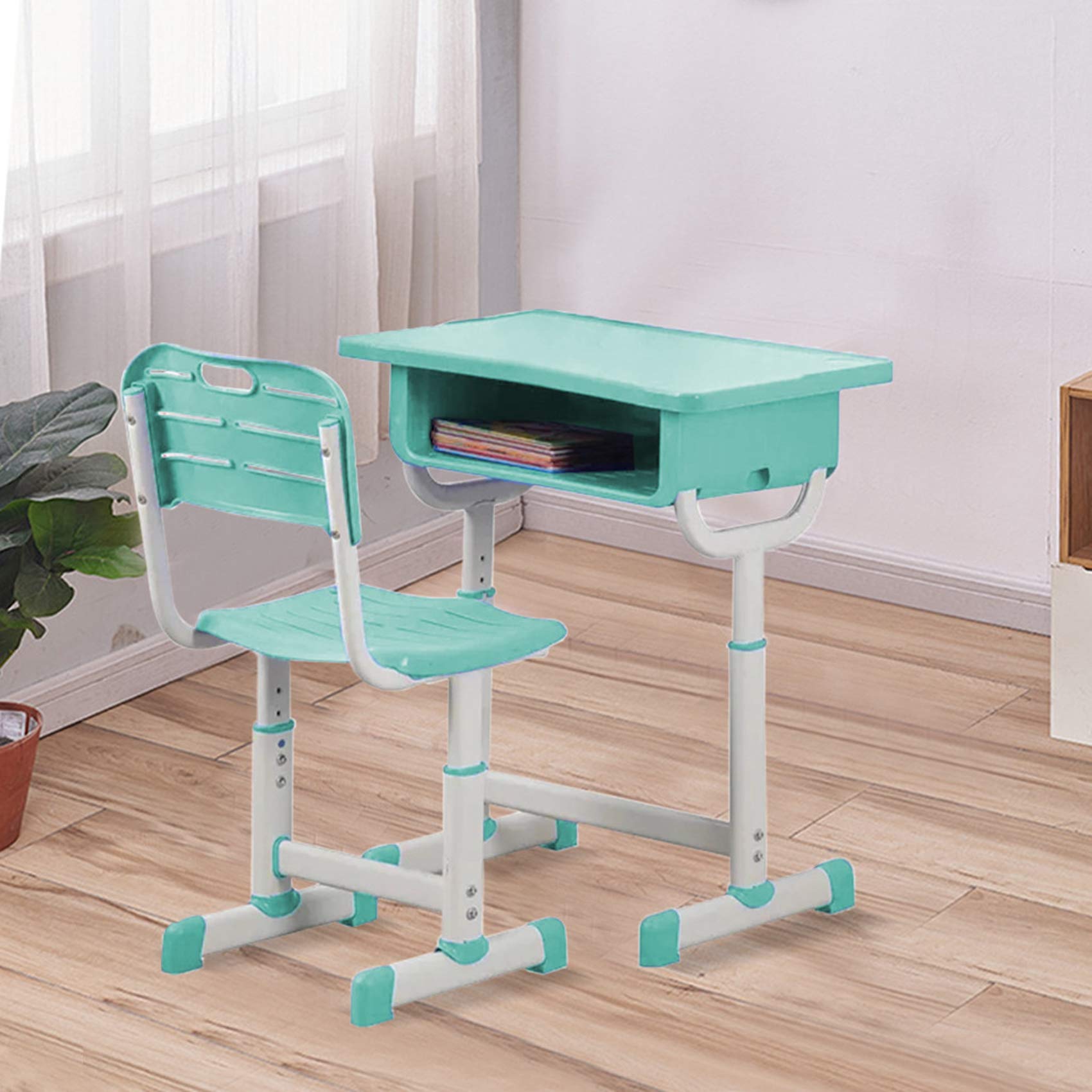 AMZFDC Adjustable Kids Desk and Chair Set - Ergonomic Study Desk for Children 6-14 Years, Height Adjustable School Desk with Sturdy Chair, Mint Green - Perfect for Homeschooling, Online Learning & Bedroom Study Space