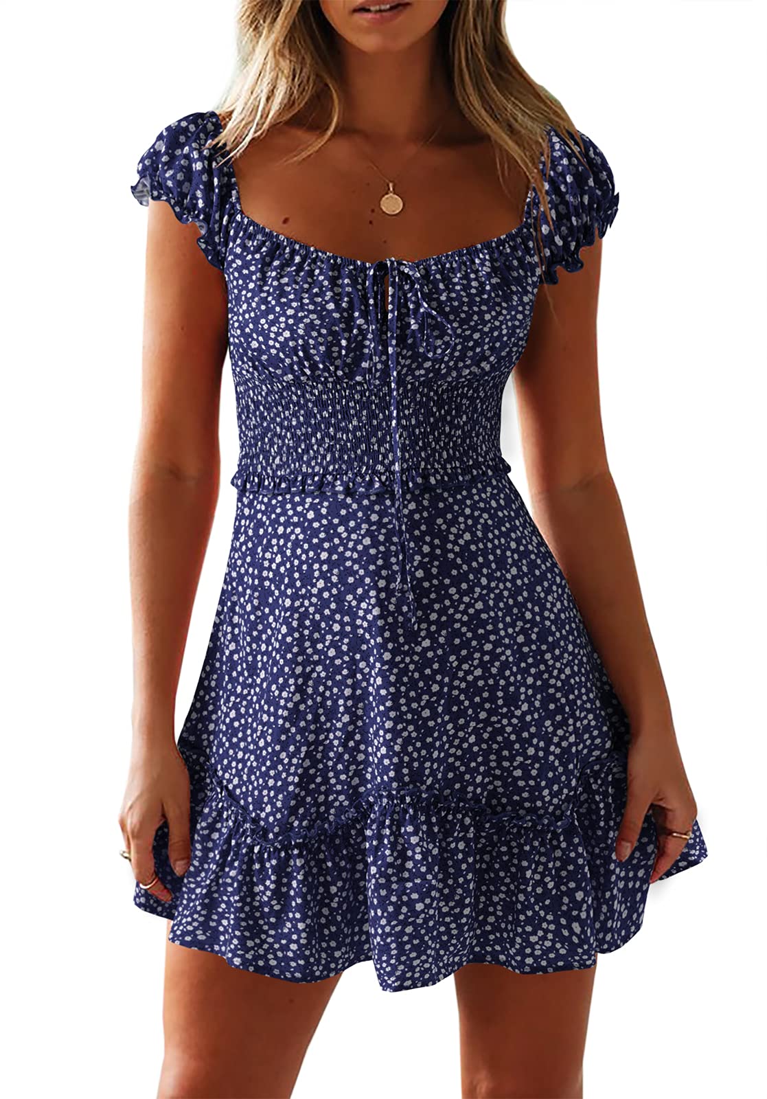 Ephanny Women's Boho Floral Smocked Dress - Casual Summer Beach Flowy Sun Dress with Puff Sleeves, Mini Short Cottagecore Style for Vacation, Date Night & Outdoor Events