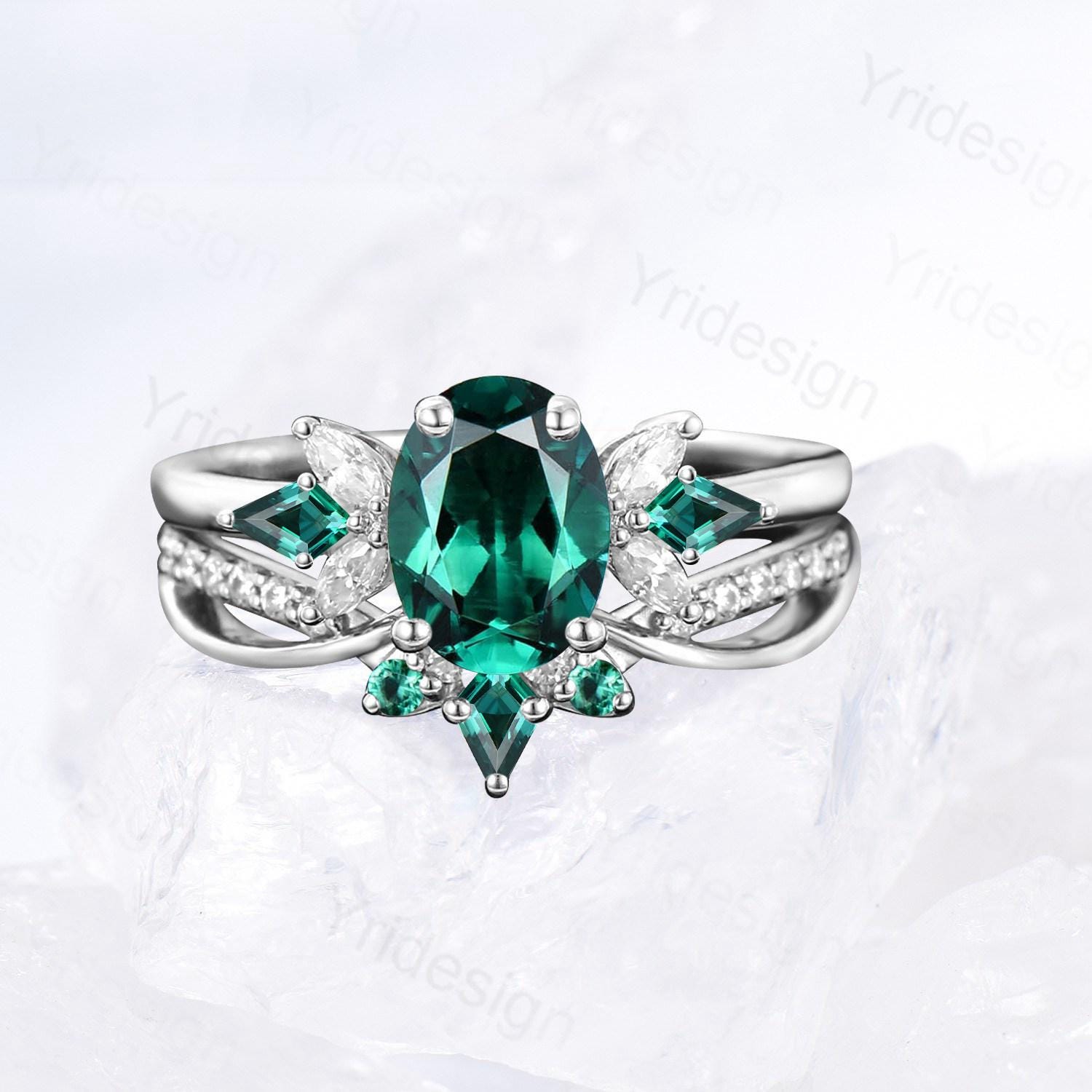 1.5 Carat Oval Emerald Wedding Ring Set - 2pc May Birthstone Bridal Ring with Infinity Lab Emerald Stacking Band - Handmade Proposal Gift for Her - Perfect for Engagement, Anniversary & Special Occasions