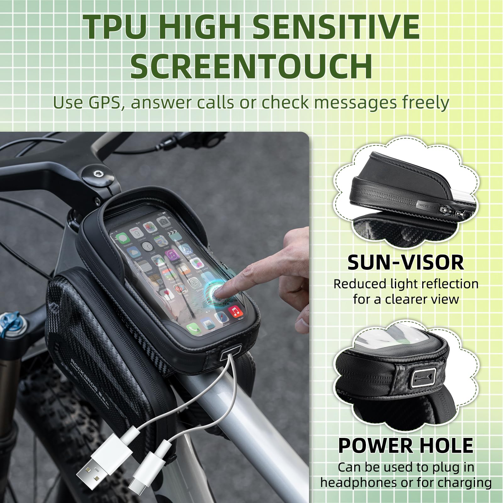 ROCKBROS Waterproof Bike Frame Bag - 1.3L Top Tube Bicycle Phone Holder with Sun Visor & TPU Touch Screen Panel - Fits Phones Below 7.4