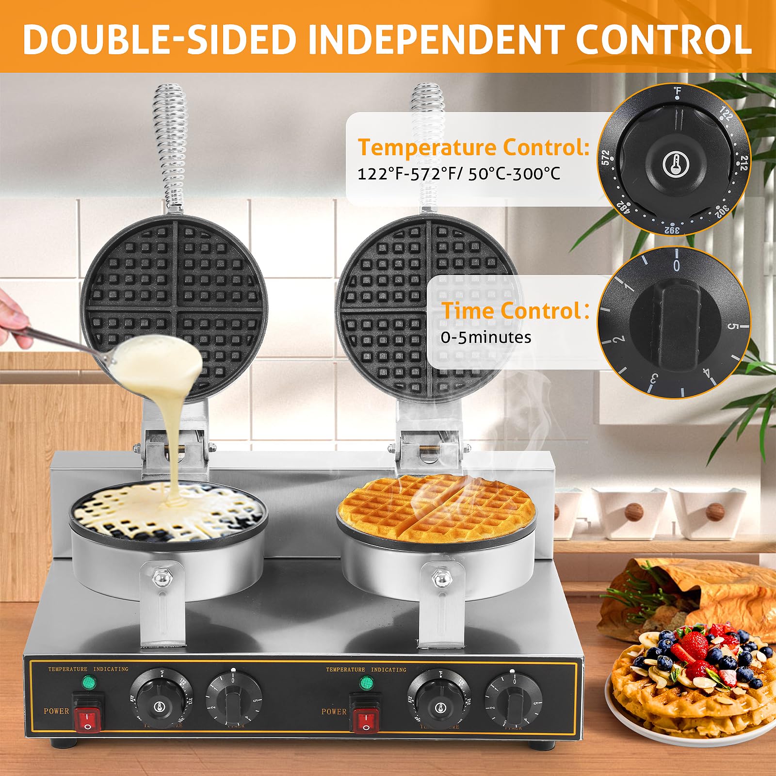 Professional Double Head Waffle Maker Machine 2400W - Commercial Grade Non-Stick Round Waffle Iron 110V for Bakery, Restaurant, Snack Bar & Home Use - Perfect for Breakfast, Brunch & Dessert Making
