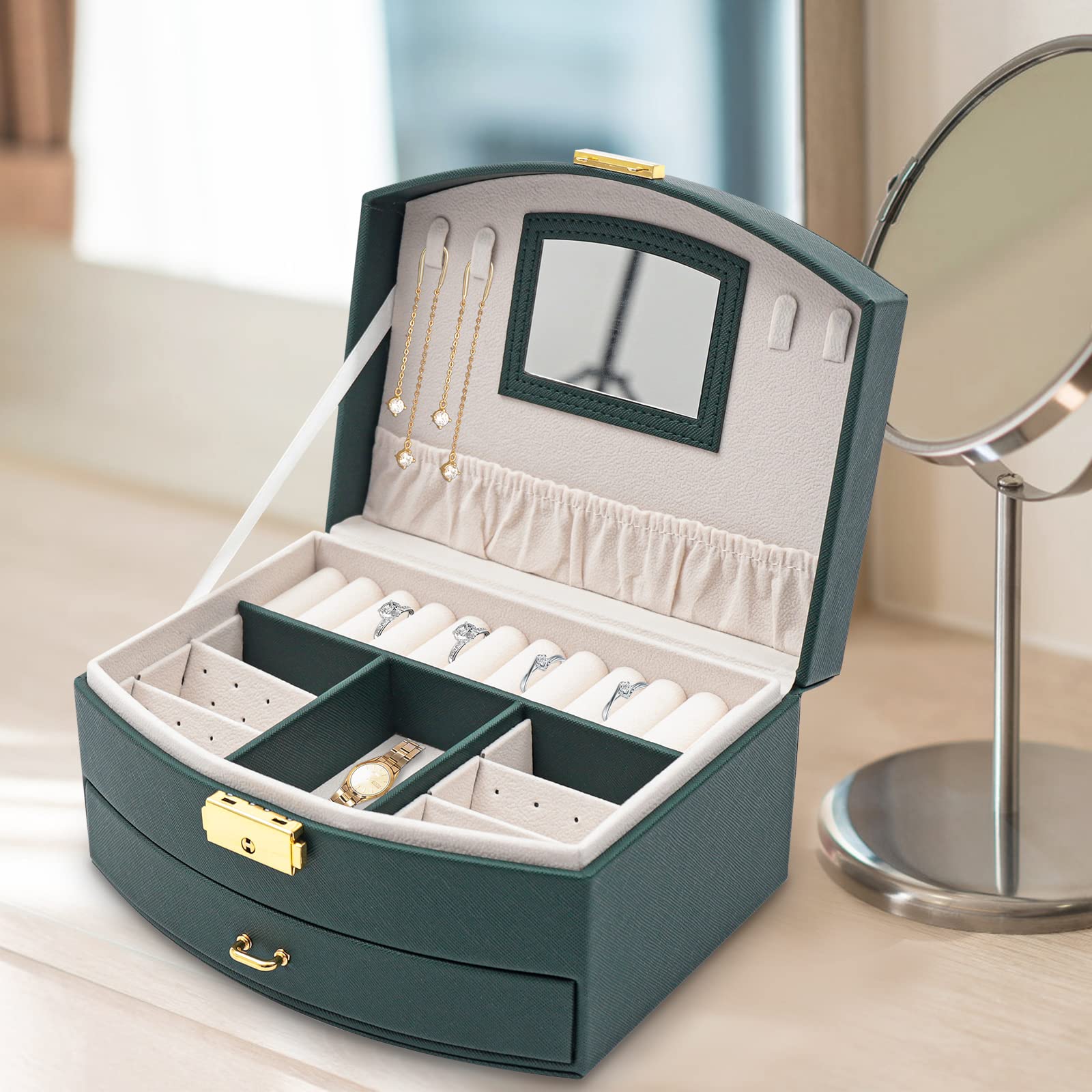 DYRABREST 2-Layer Wooden Jewelry Organizer Box with Mirror & Ring Tray - Earring, Necklace, Bracelet Display and Storage Case for Women (Green) - Perfect for Bedroom, Travel, and Gift Giving