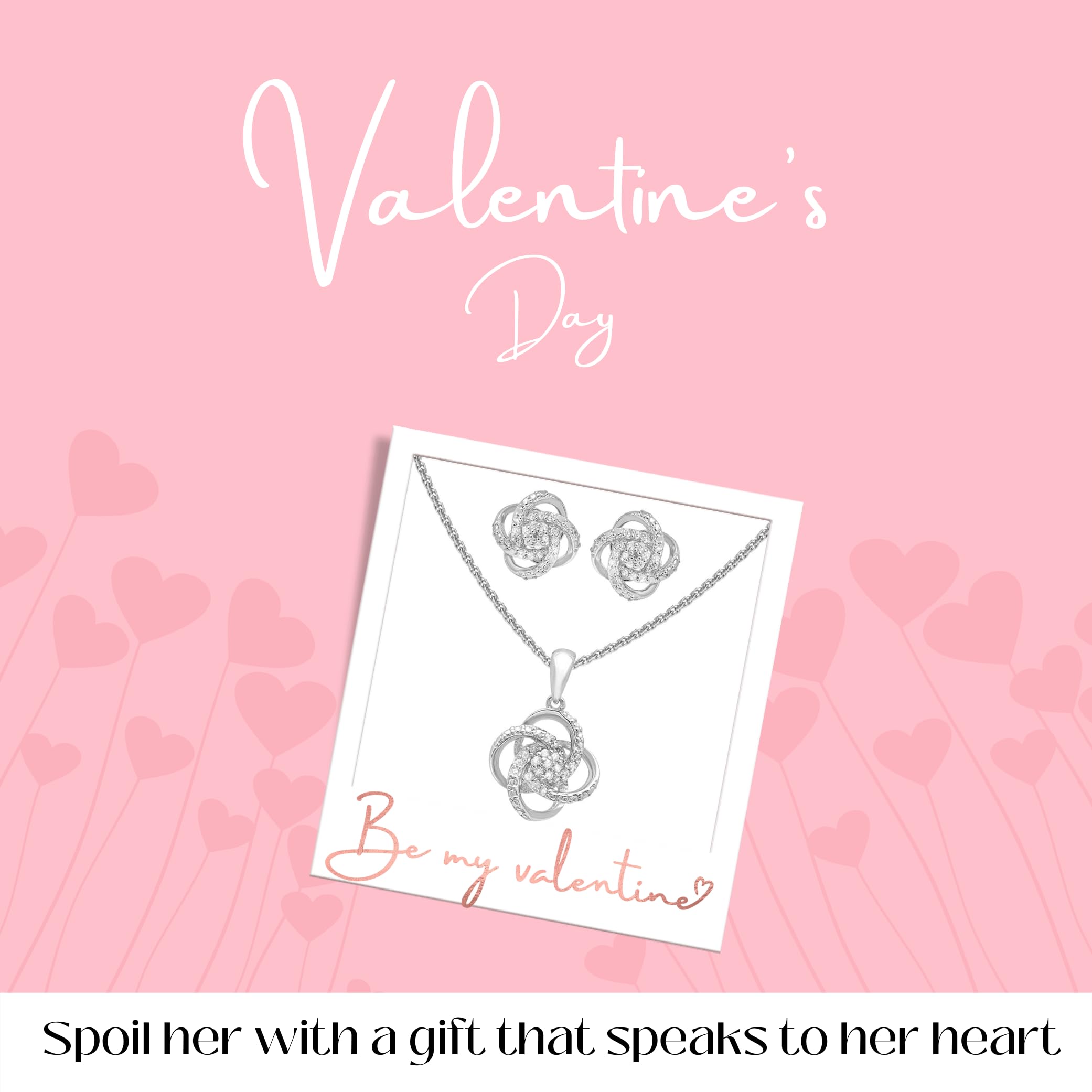 925 Sterling Silver 1/4 CT Diamond Love Knot Necklace & Earrings Set for Women - Valentine's Day Jewelry Gift - 18