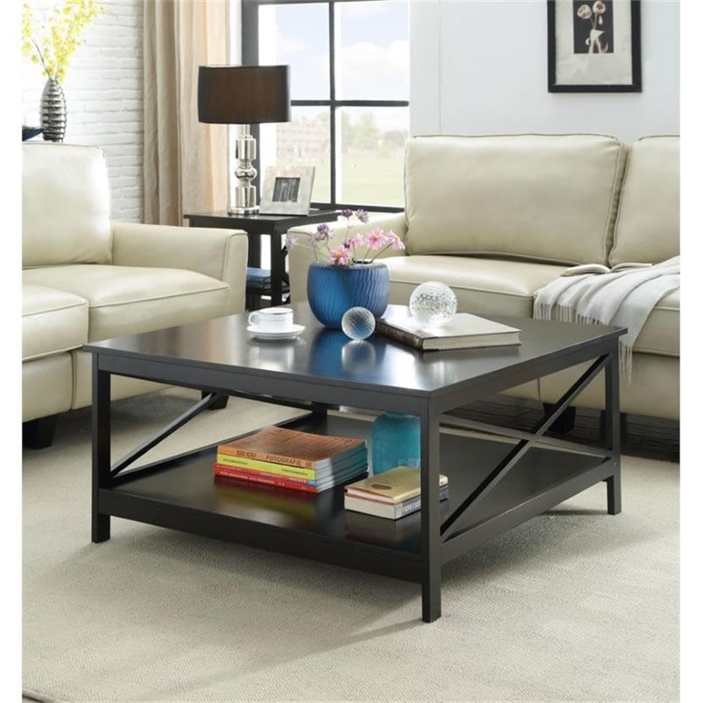 Pemberly Row 36 Inch Black Wooden Square Coffee Table with Storage Shelf | Modern Living Room Furniture for Small Spaces, Home Decor & Entertainment Areas