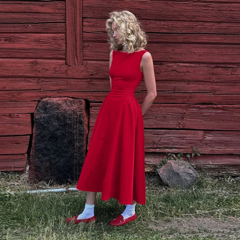 Elegant Backless A-Line Maxi Dress for Women - Solid Color O-Neck Sleeveless Long Gown with High Waist - Perfect for Beach Vacations, Summer Parties & Date Nights