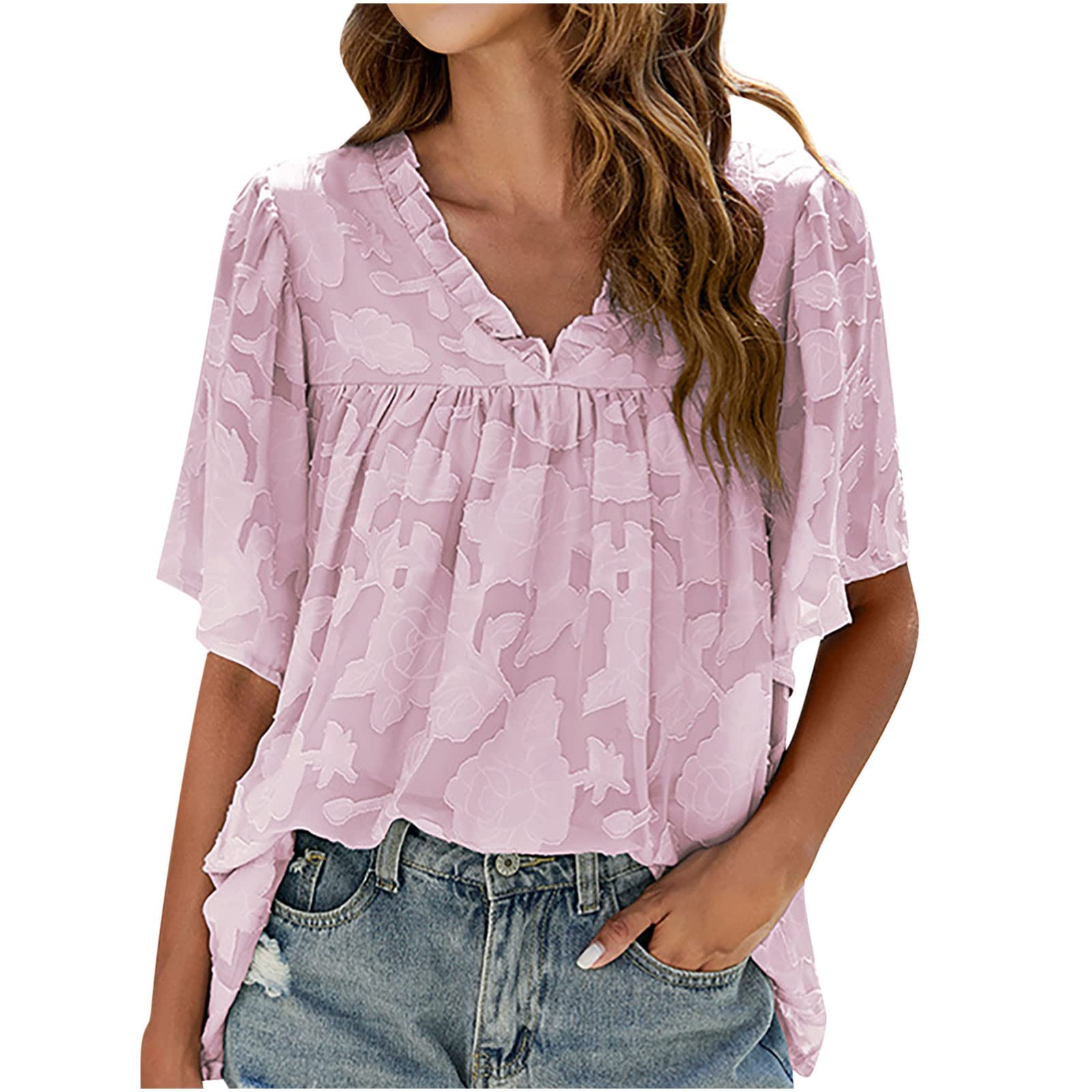 Women's Summer Chiffon Short Sleeve Ruffle V-Neck T-Shirt - Trendy Floral Print Loose Tunic Blouse for Casual Wear, Beach Outings & Date Nights