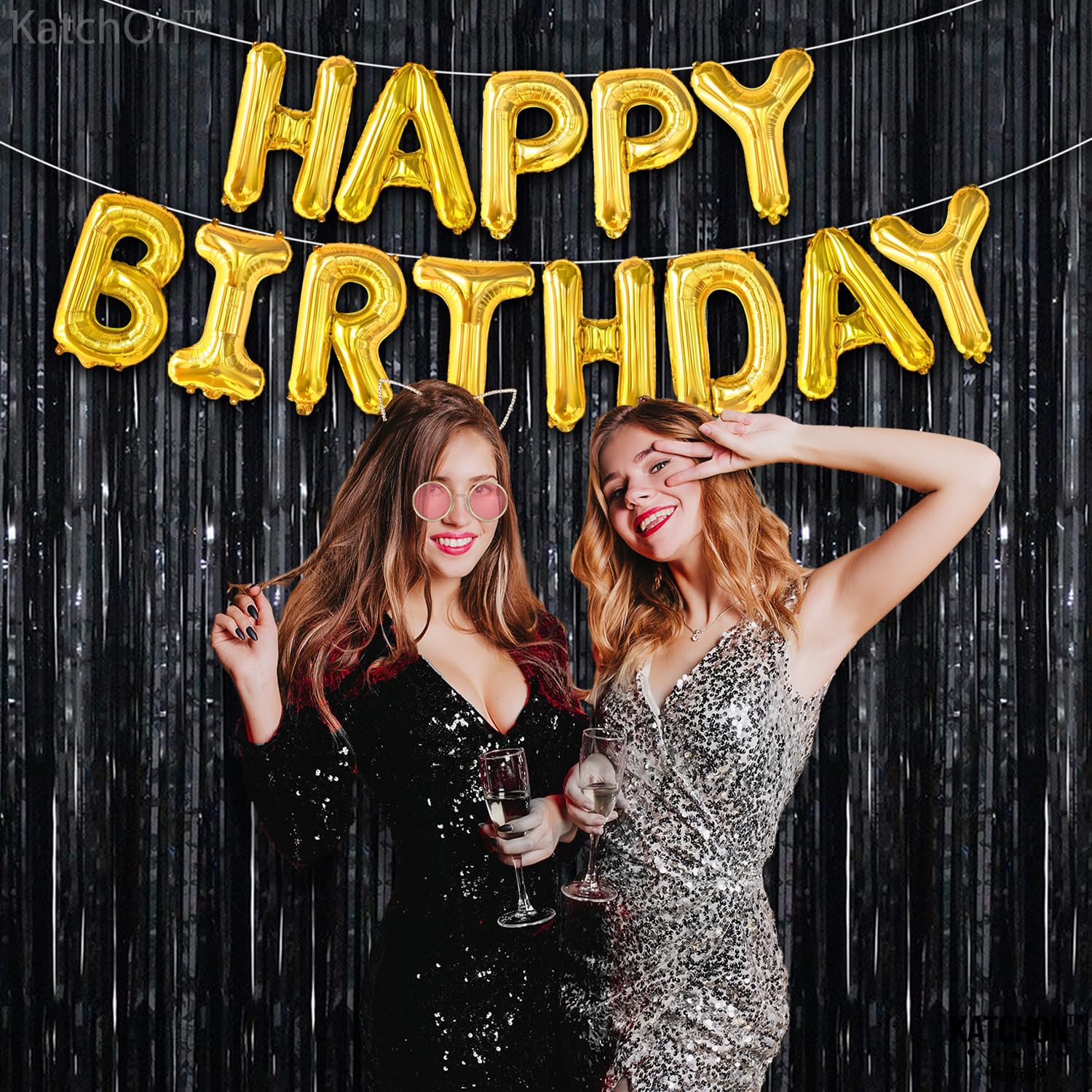 KatchOn XtraLarge Black Foil Streamers - 3.2x8 Feet, Pack of 2 | Shiny Black Backdrop for Birthday & Graduation Decorations 2025 | Party Supplies, Photo Booth Background, Stage Decor | Perfect for Events, Weddings, Baby Showers