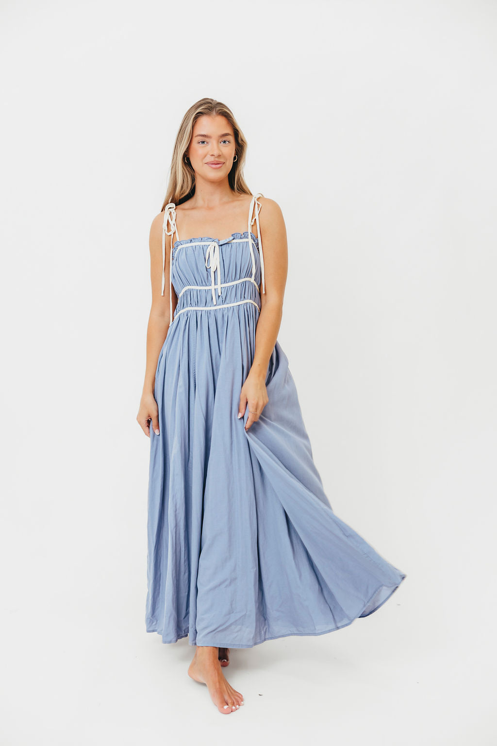 Hilsy Women's Cotton Blend Contrast Trim Maxi Dress - Elemental Blue | Flowy Long Dress for Summer, Beach, Vacation & Casual Wear