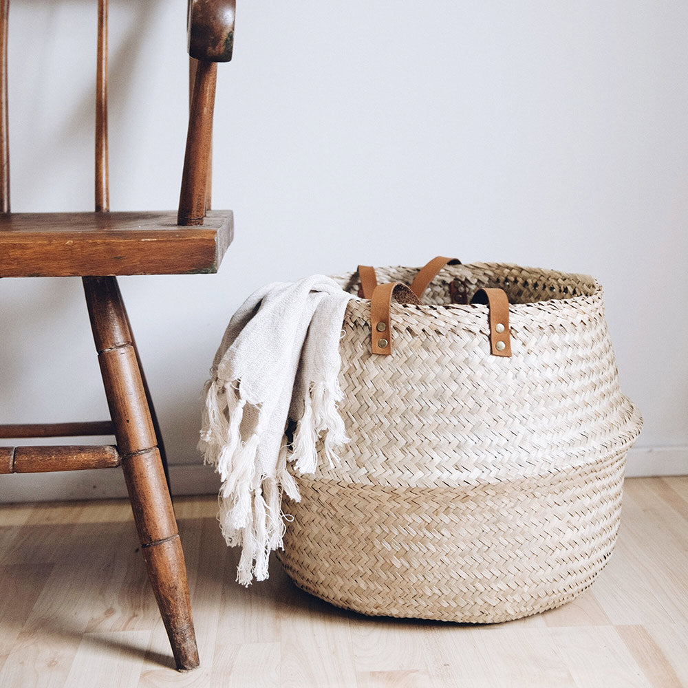Quinn Leather Handle Belly Basket - Stylish Storage for Home Decor, Nursery, or Gift Giving