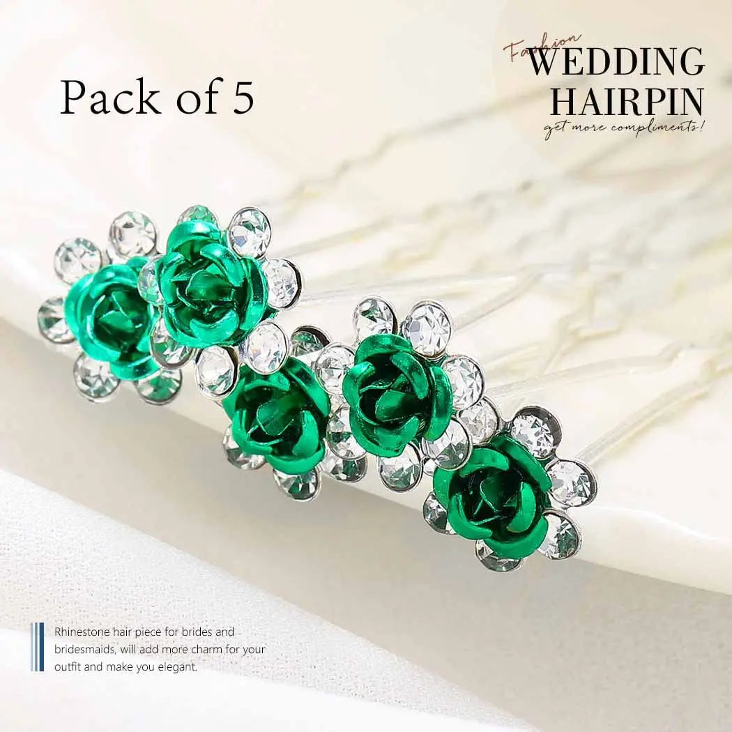5pcs Green Crystal Pearl U-Shaped Hair Clips for Women - Wedding Bridal Hair Accessories, Barrettes & Hairpins - Perfect for Parties, Proms & Special Occasions
