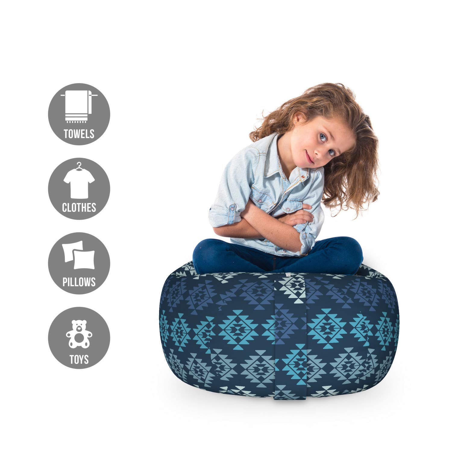 Ambesonne Boho Storage Toy Bag Chair - Washable Stuffed Animal Organizer with Traditional Zigzag Design, Small Multicolor - Perfect for Kids' Room, Nursery, Playroom & Home Organization