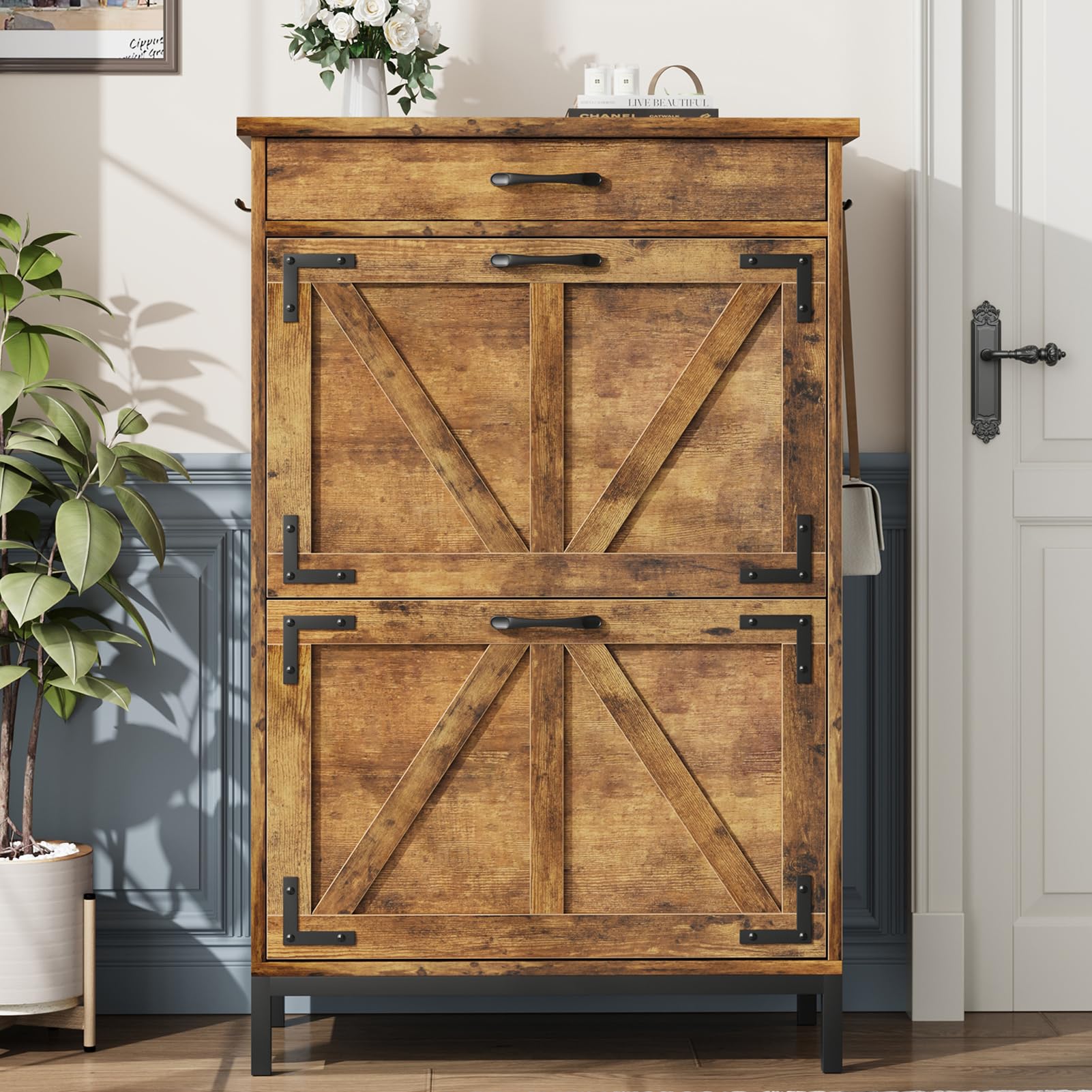 Farmhouse Style Shoe Storage Cabinet - Narrow Entryway Shoe Organizer with 2 Flip Drawers, Free Standing Slim Shoe Rack for Foyer & Hallway (Brown) - Perfect for Small Spaces & Home Organization