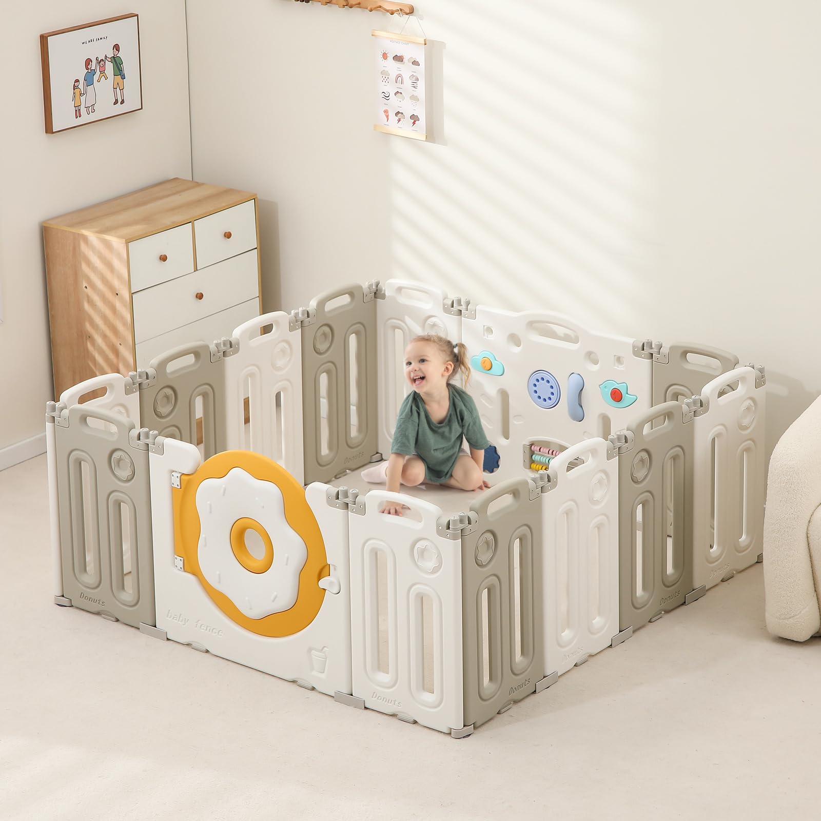 Foldable Baby Playpen with Game Panel & Safety Gate - Adjustable 14-Panel Play Yard for Babies & Toddlers - Portable Indoor Playpen for Home, Nursery & Daycare Use