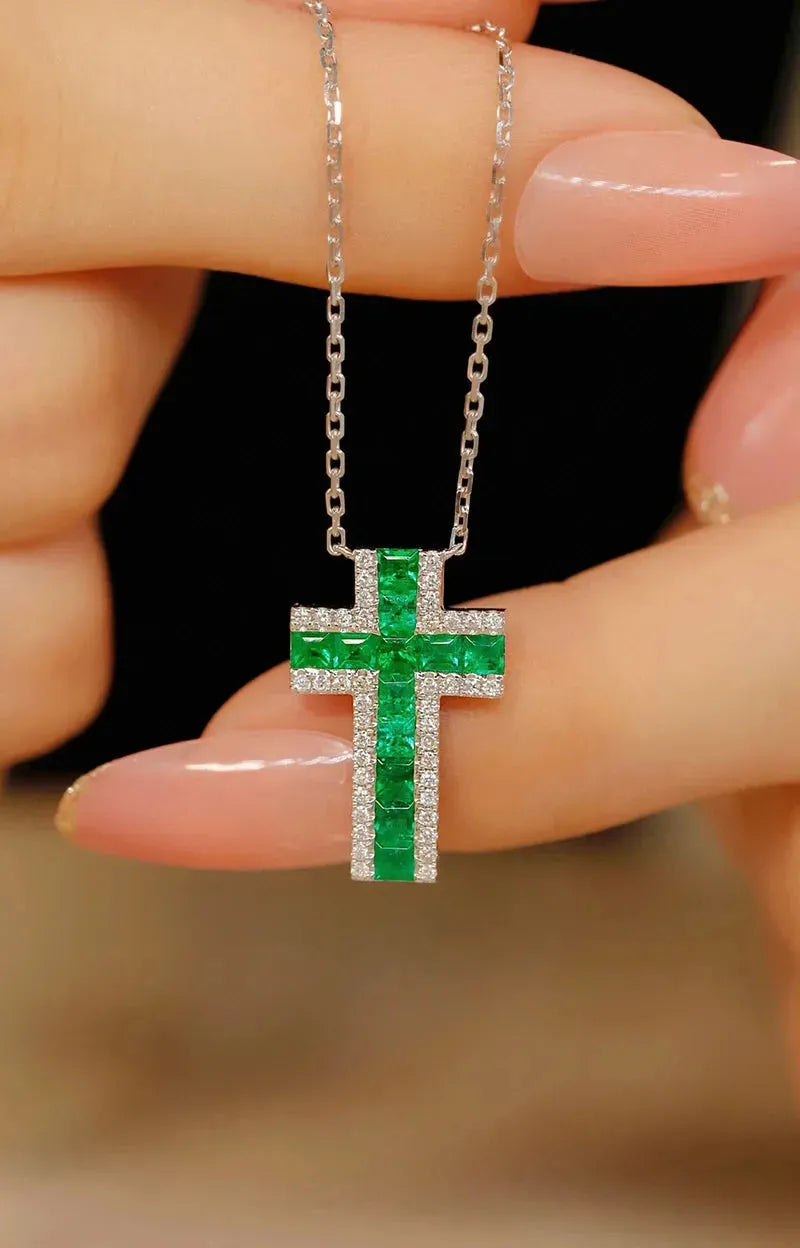 18K White Gold Cross Pendant Necklace with Real Natural Emerald & Diamonds for Women | Elegant Jewelry Gift for Birthday, Anniversary & Special Occasions