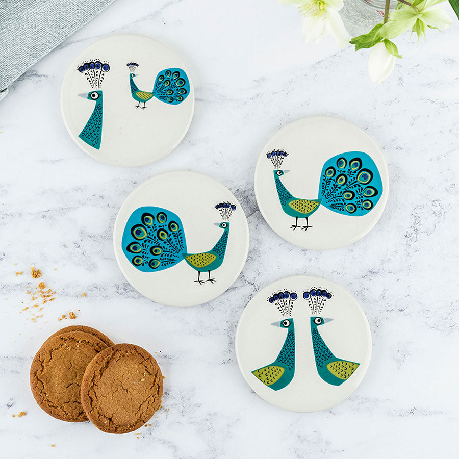 Handmade Ceramic Peacock Coasters Set of 4 - Elegant Drink Coasters for Coffee Table, Home Decor, and Gift Giving