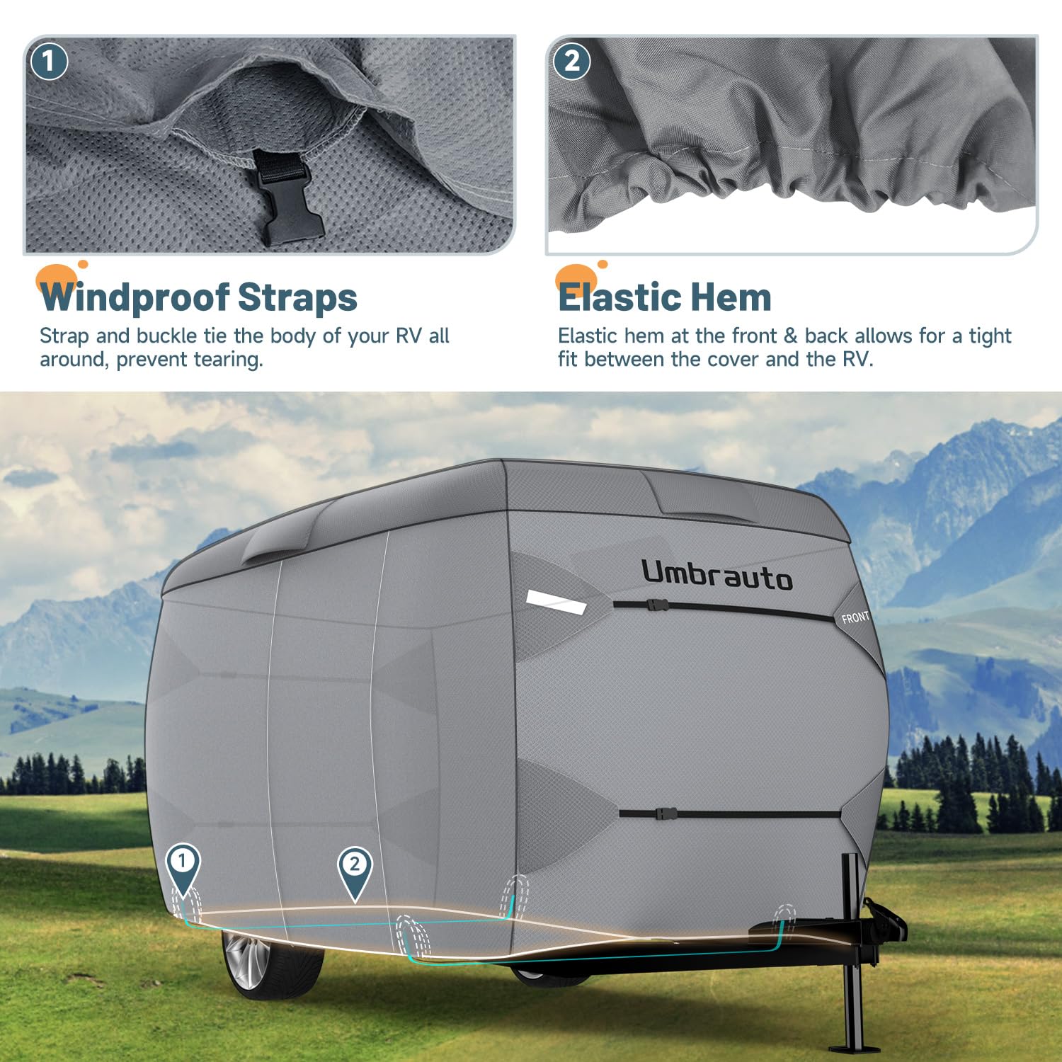 2023 Upgraded 7-Layer Fiberglass Travel Trailer Cover for 11'-13' Trailers - Windproof Strap & Adhesive Repair Patches Included | Waterproof RV Camper Cover for All-Weather Protection | Perfect for Outdoor Storage and Travel