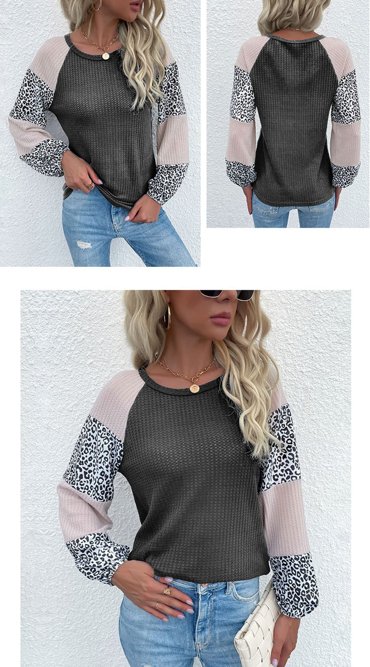 Women's Leopard Print Waffle Knit Sweatshirt - Crew Neck Long Sleeve Pullover with Plaid Patchwork & Puff Sleeve Detail | Cute Casual Sweater for Fall Outfits, Coffee Dates & Weekend Errands