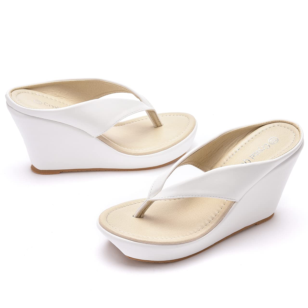 Crystal Queen Women's Platform Wedge Sandals - High Heel Flip Flops for Beach, Summer & Casual Wear - Plus Size White Slippers