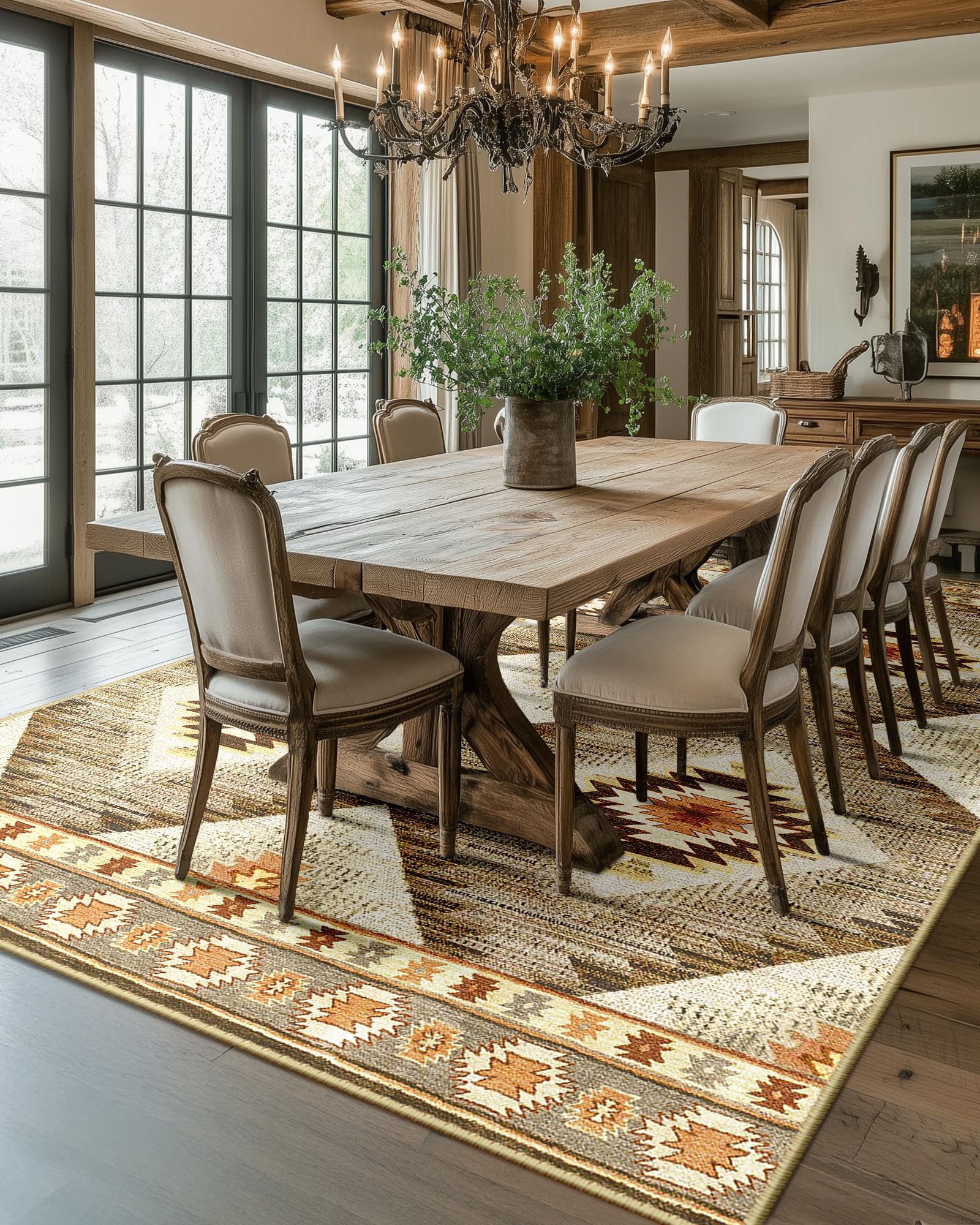 BESTSWEETIE 8x10 Machine Washable Non-Slip Low Pile Area Rug - Western & Aztec Print Pattern for Living Room, Bedroom, Entryway - Cream/Camel - Perfect for Home Decor, Dorm, Office & High Traffic Areas