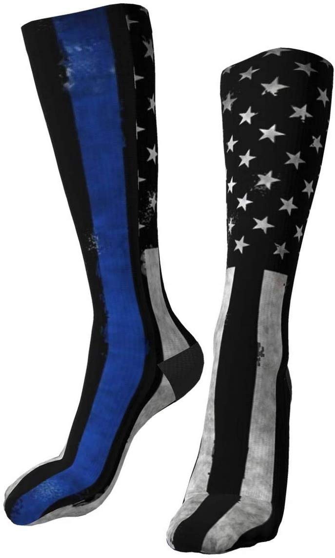 American Police Flag Compression Socks - Black, White & Blue Striped Unisex Printed Socks - Crazy Patterned Fun Long Cotton Over-The-Calf Tube Socks for Running, Nursing & Law Enforcement Support