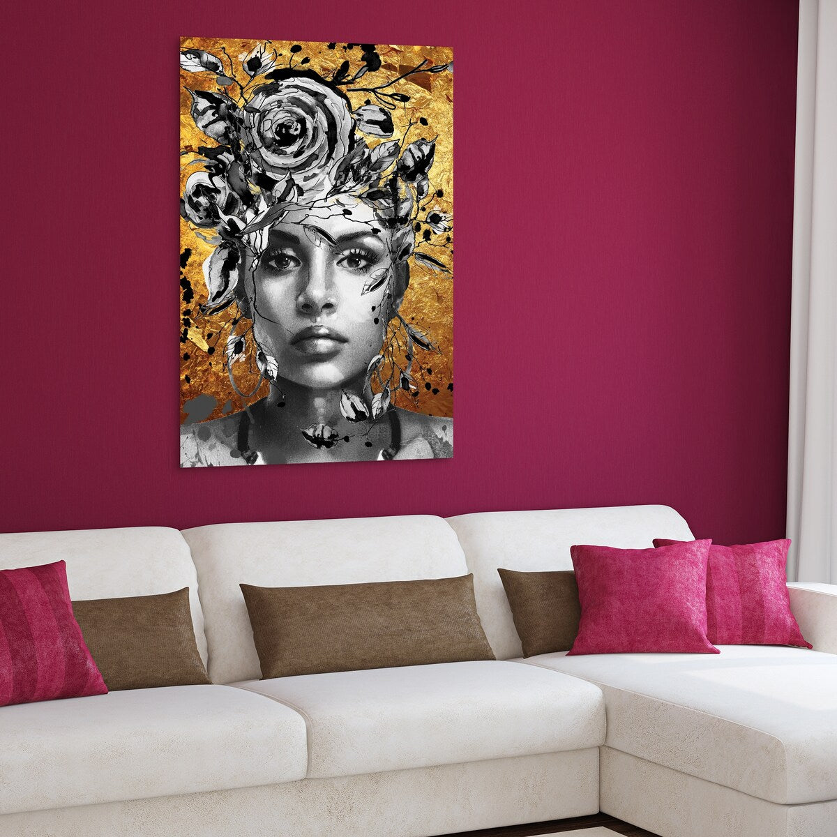 Frameless Floating Tempered Glass Wall Art - 32x48 Inch Modern Floral Decor for Living Room, Bedroom & Office - Beautiful Woman & Flowers Design - Shatterproof Glass Panel Graphic Art