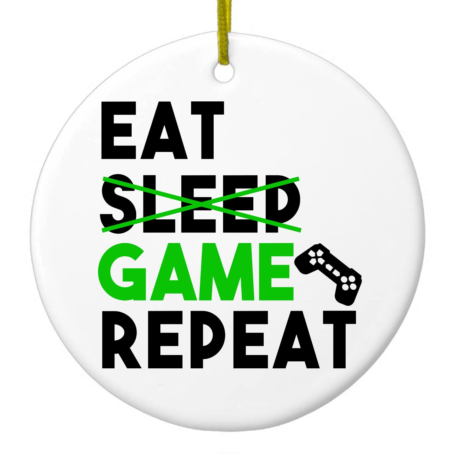 DistinctInk Hanging Ceramic Christmas Tree Ornament with Gold String - 2.75 Inch Holiday Decoration - Perfect Gift for Gamers (Eat Game Repeat Design) - Ideal for Christmas Tree Decor, Stocking Stuffers & Video Game Lover Presents