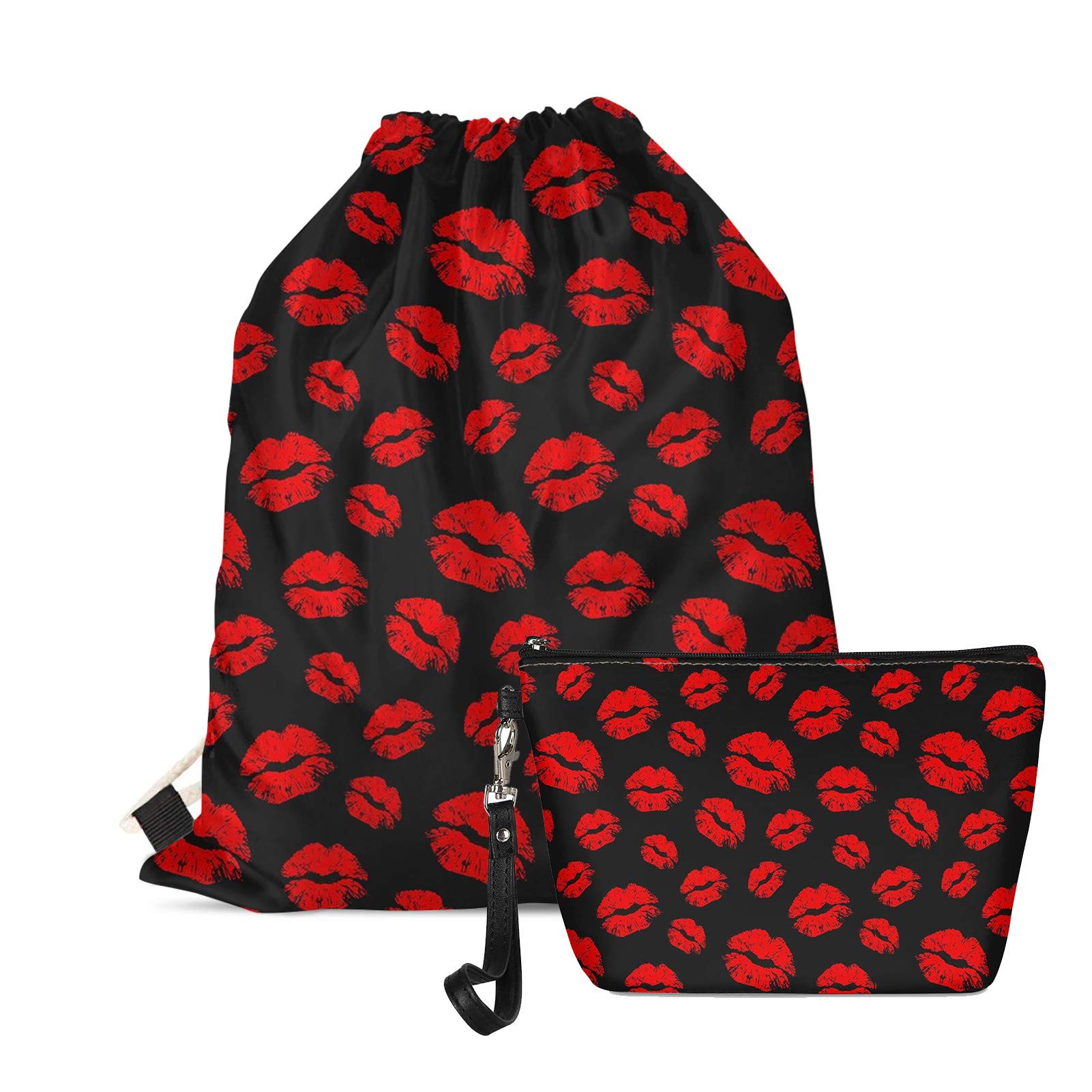 TOADDMOS 2-Piece Set Red Lips Design Drawstring Backpack & Makeup Pouch - Women Girls Teens Travel Bag for School, Gym, Beach & Vacation Accessories