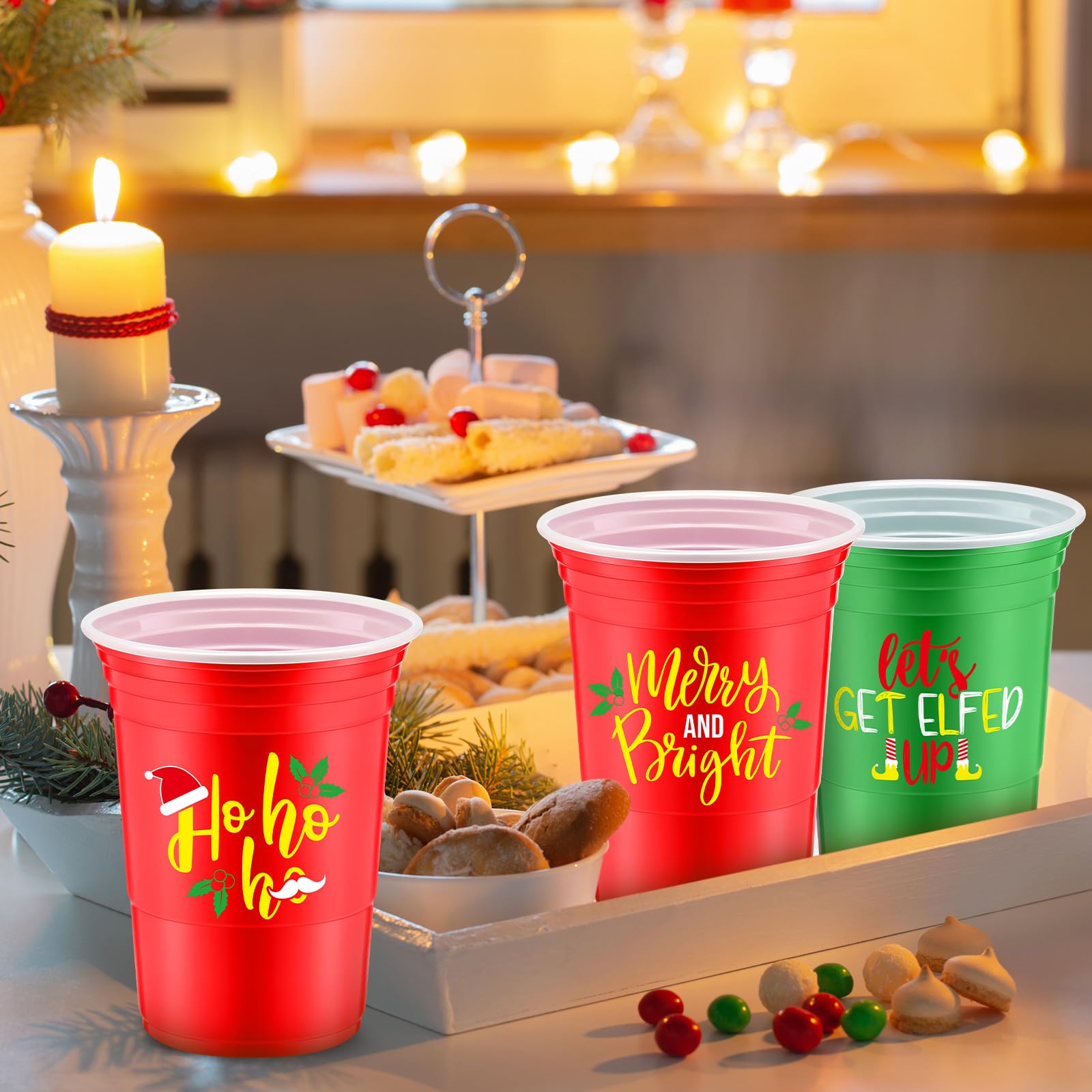 Jinei 100-Pack 16oz Disposable Christmas Party Cups - Red & Green Plastic Cups for Coffee, Hot Cocoa, Cold Drinks - Perfect for Holiday Gatherings, Office Parties & Family Celebrations
