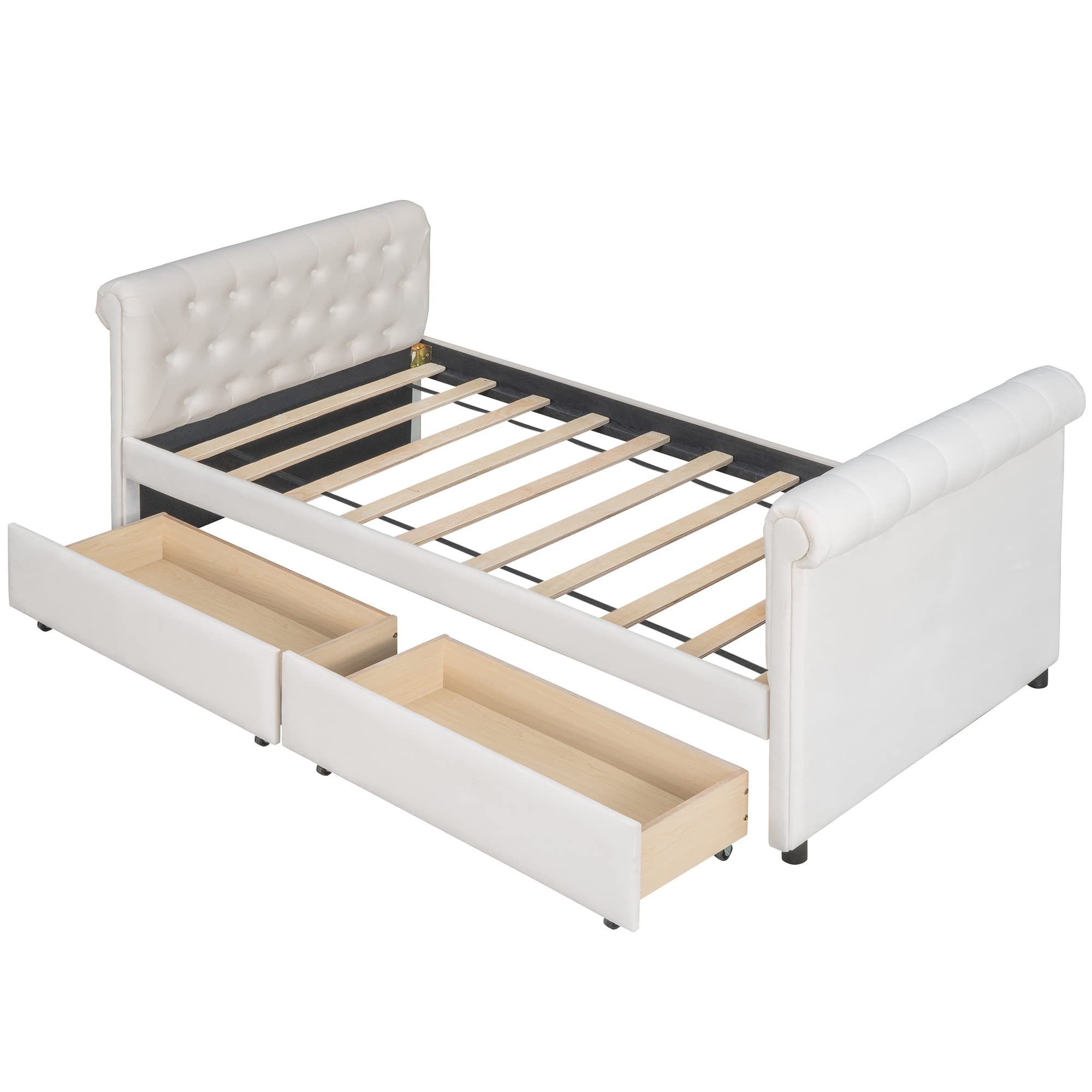 Twin Size Upholstered Daybed with 2 Storage Drawers & Tufted Sofa Bed - Wood Frame Beige for Guest Room, Small Space & Multi-Functional Furniture