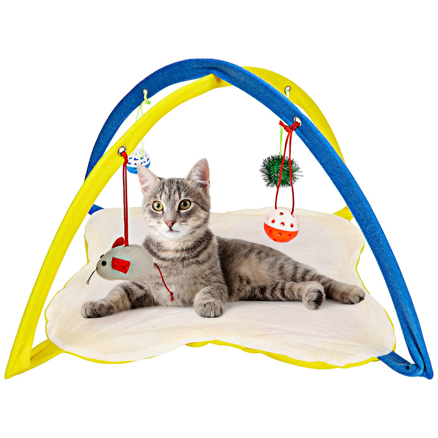 Interactive Cat Play Mat with Hanging Toys - Soft Cat Tent Activity Center for Indoor Kittens - Perfect for Playtime, Napping & Training (Grey)