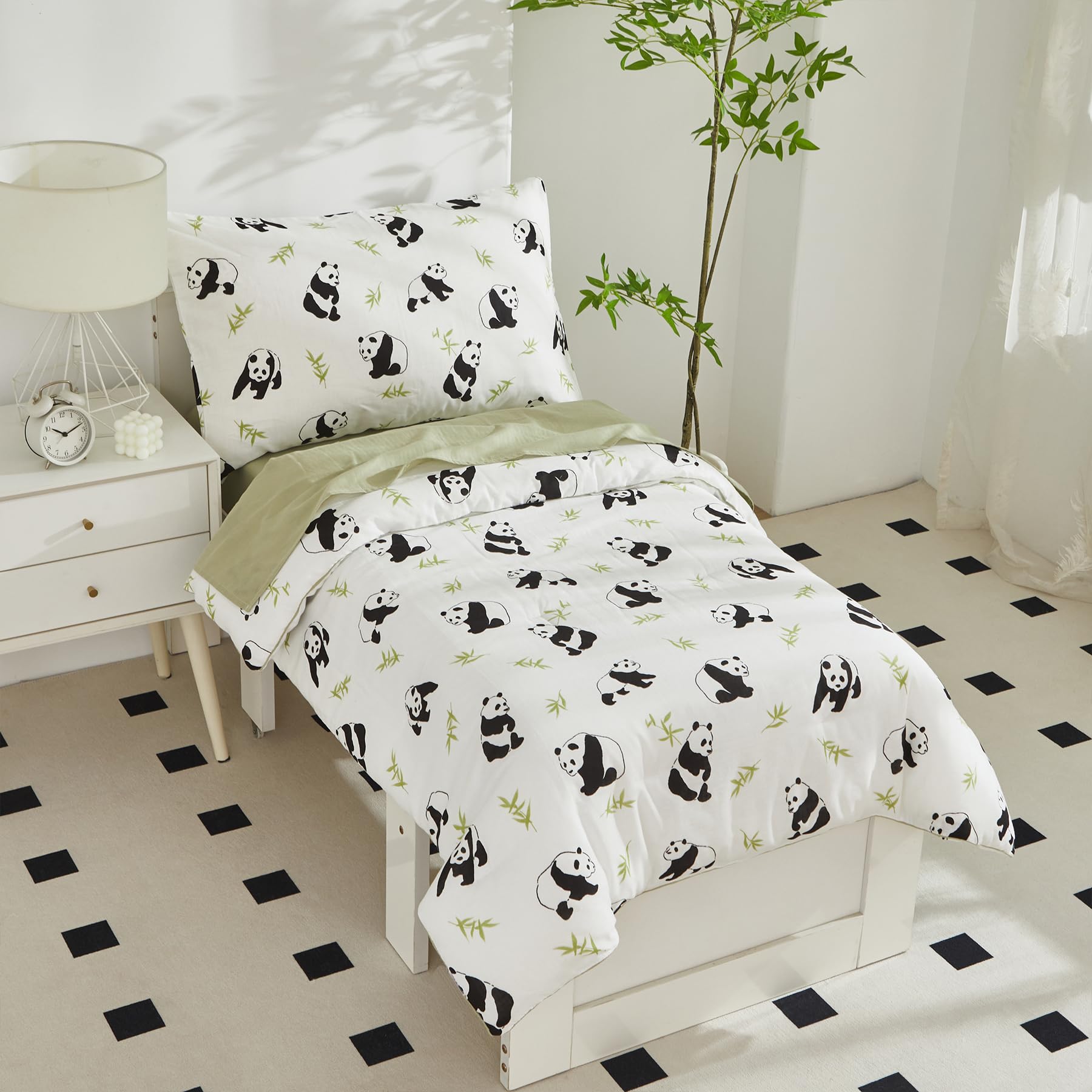 Brandream Panda Print Toddler Bedding Set - 4Pcs Neutral Nursery Bedding for Boys & Girls (Comforter, Flat Sheet, Fitted Sheet & Pillowcase) - Soft White & Green Crib Set for Cozy Sleep & Playtime