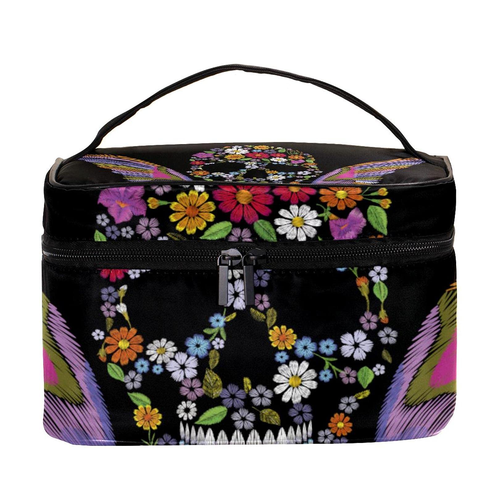 **Sugar Skull Floral Wing Travel Makeup Bag – Large Cosmetic Organizer with Zipper, Toiletry Bag for Women & Girls – Perfect for Travel, Gym, and Daily Use**